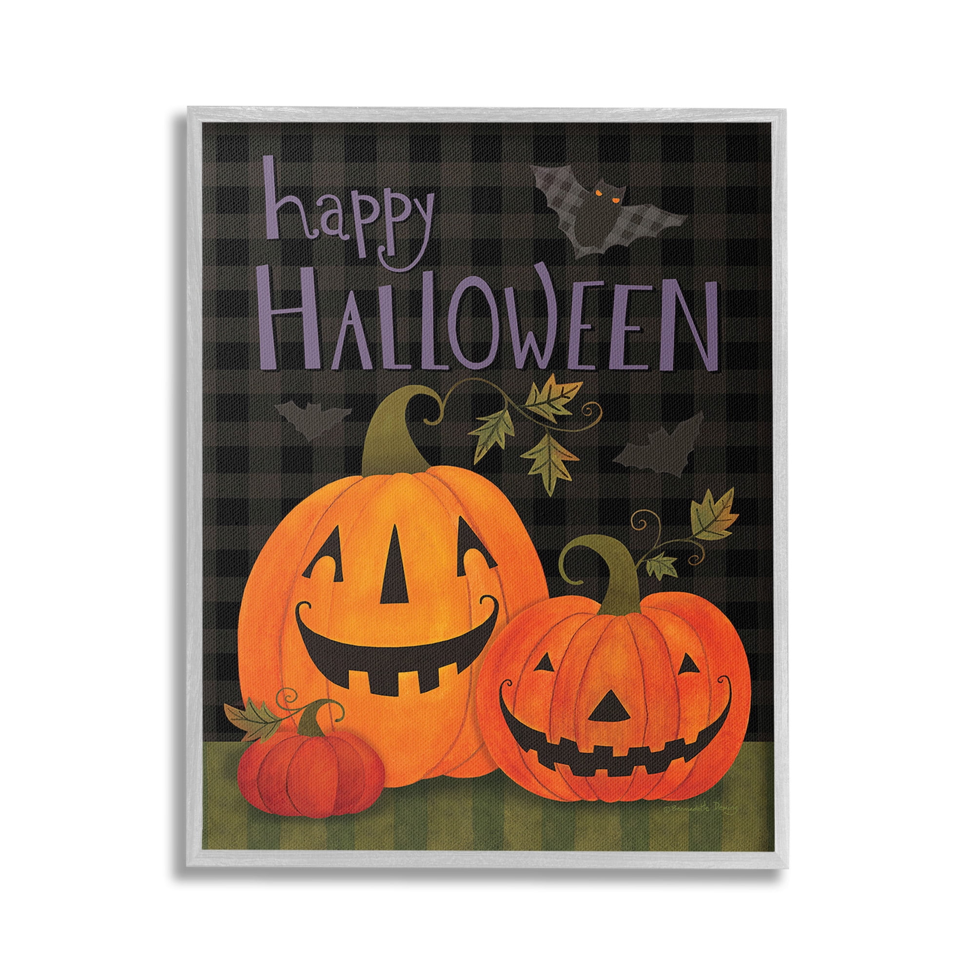 Stupell Industries Pumpkins & Bat on Plaid Holiday Painting Gray Framed Art Print Wall Art, 24 x 30