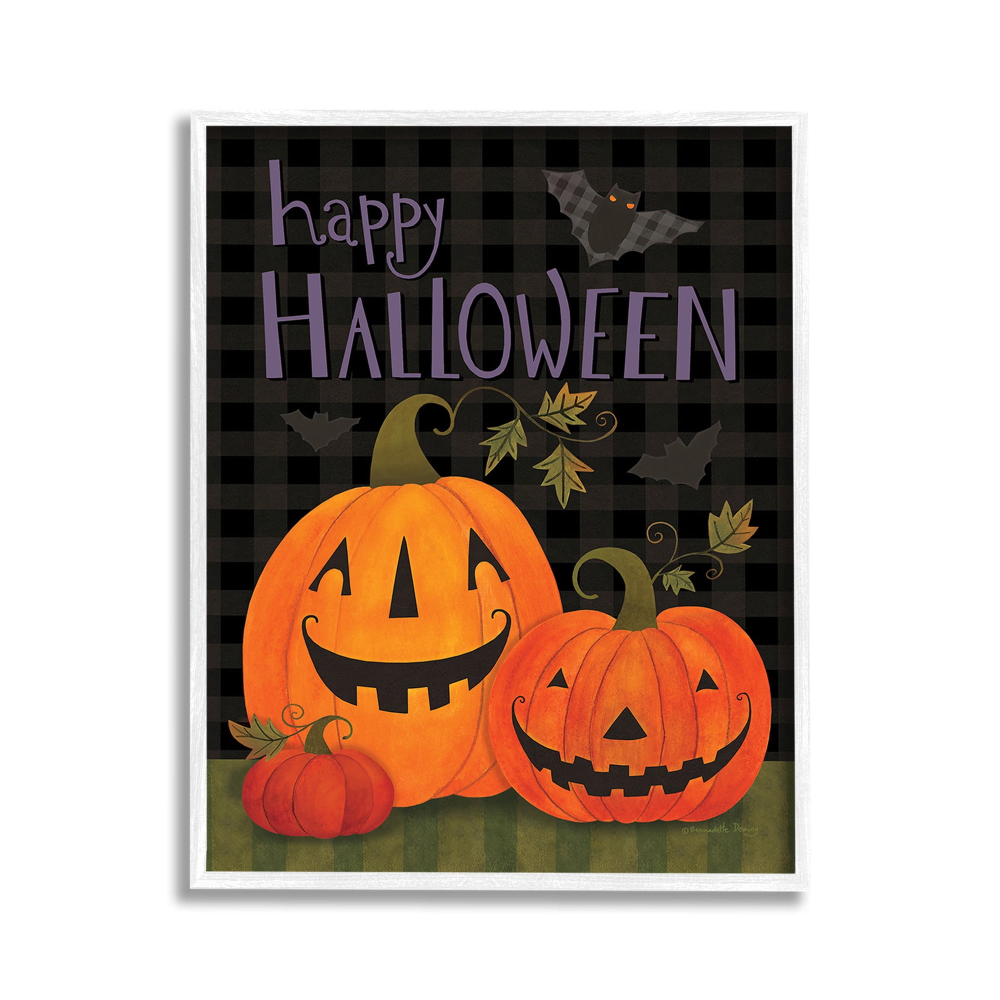 Stupell Industries Pumpkins & Bat on Plaid Holiday Painting White Framed Art Print Wall Art, 11 x 14