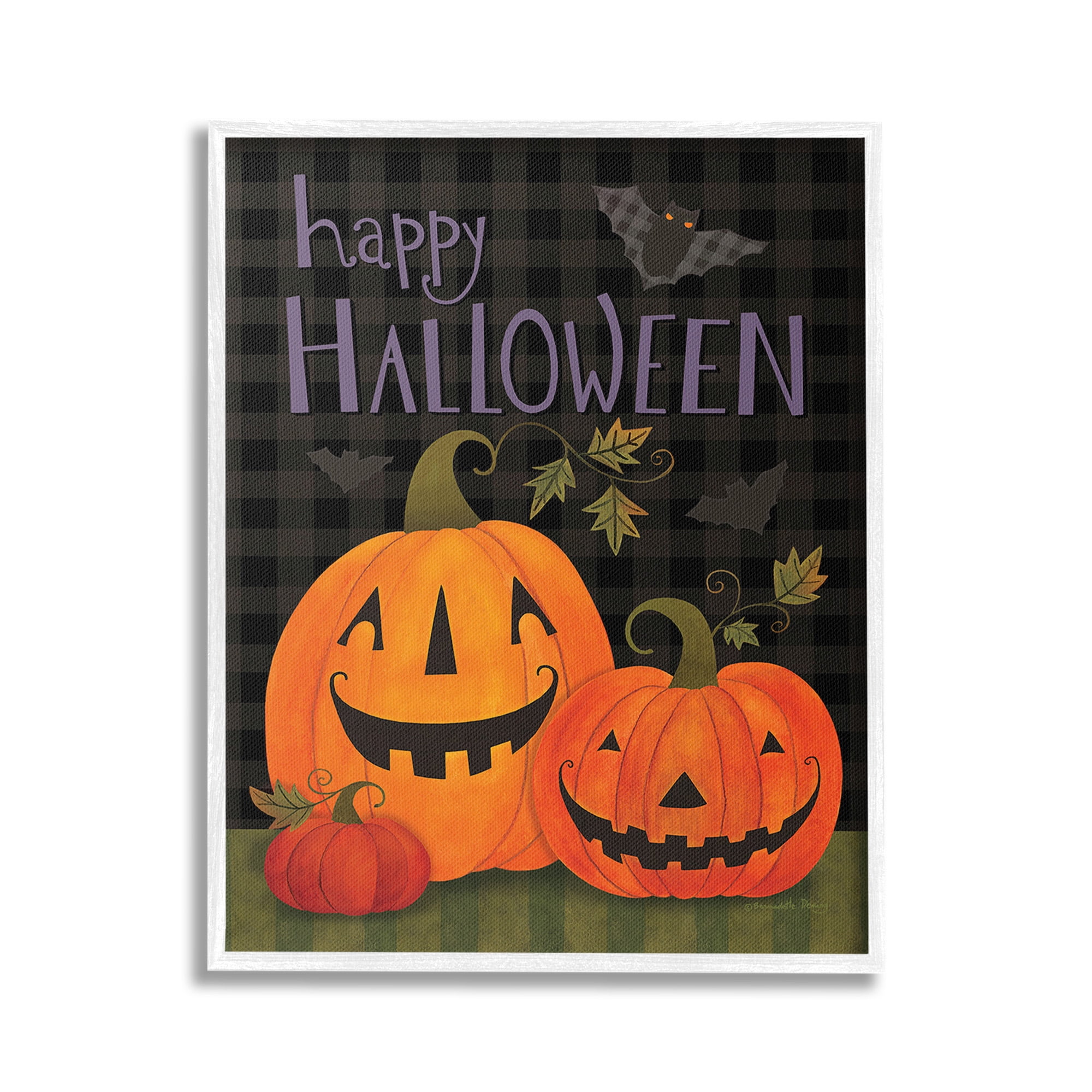 Stupell Industries Pumpkins & Bat on Plaid Holiday Painting White Framed Art Print Wall Art, 24 x 30