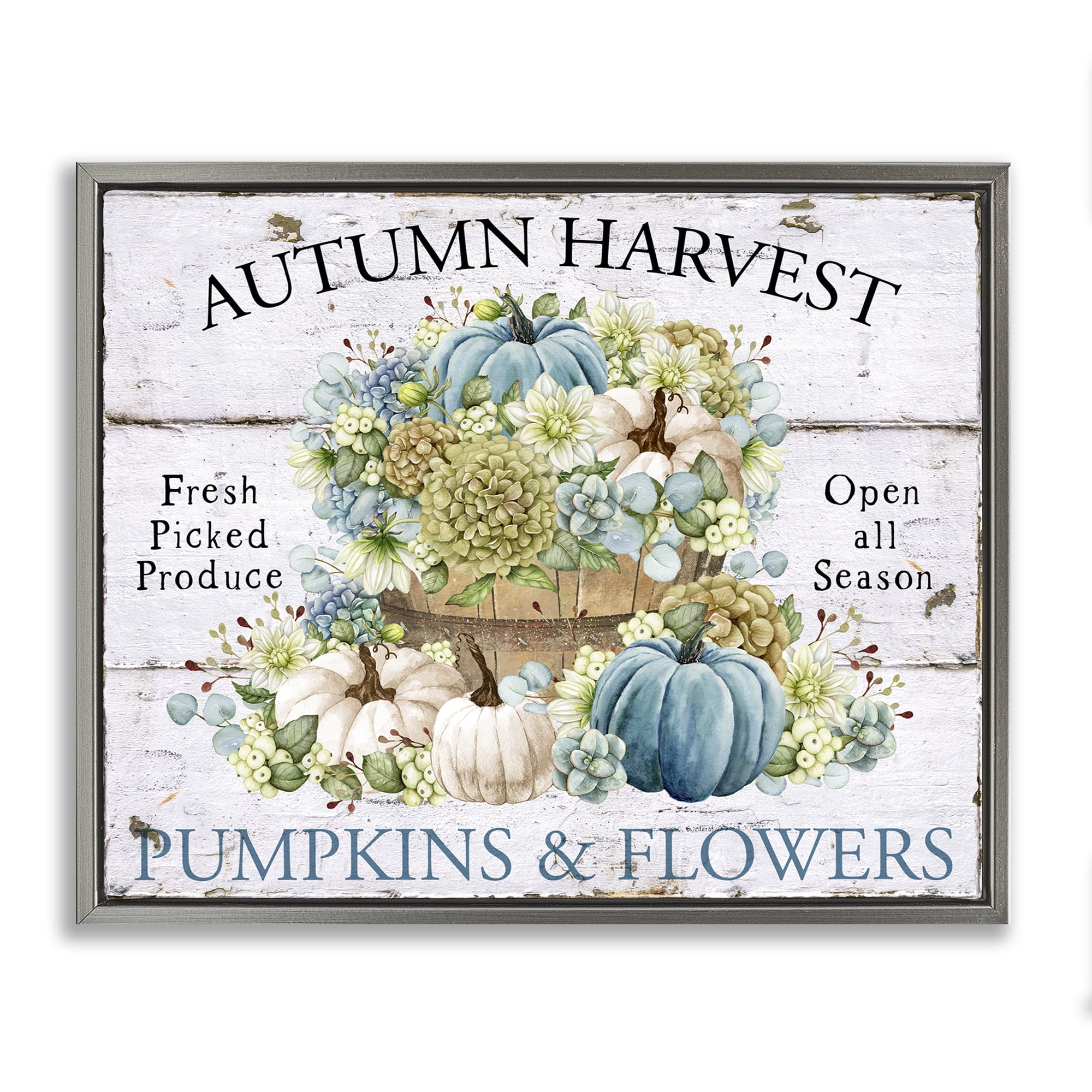 Stupell Industries Pumpkins & Flowers Harvest Holiday Painting Gray Floater Framed Canvas Art Prints Wall Art, 31 x 25