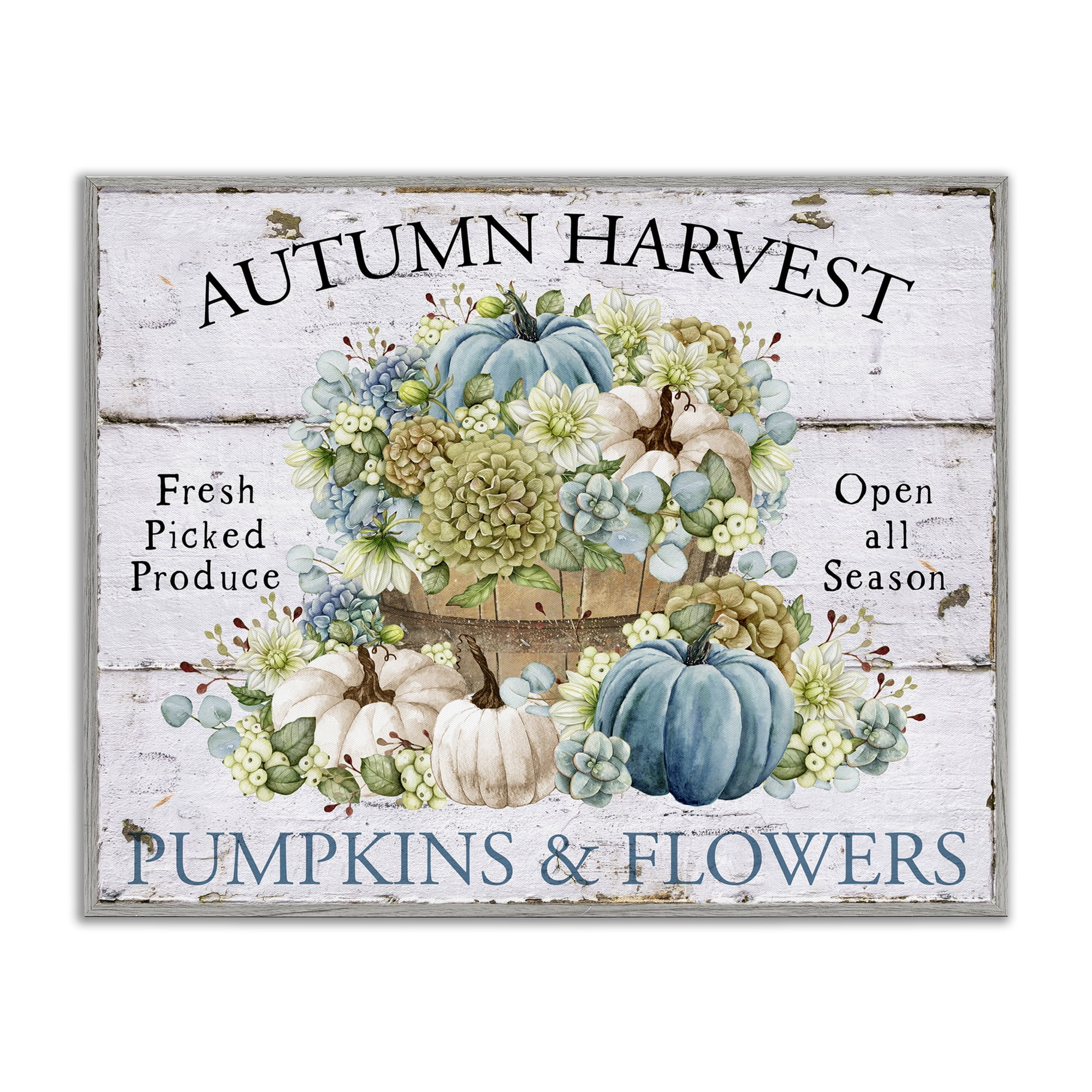 Stupell Industries Pumpkins & Flowers Harvest Holiday Painting Gray Framed Art Prints Wall Art, 20 x 16