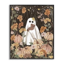 Stupell Industries Pumpkins & Ghost with Teddy Bear Holiday Painting Black Framed Art Print Wall Art, 11 x 14