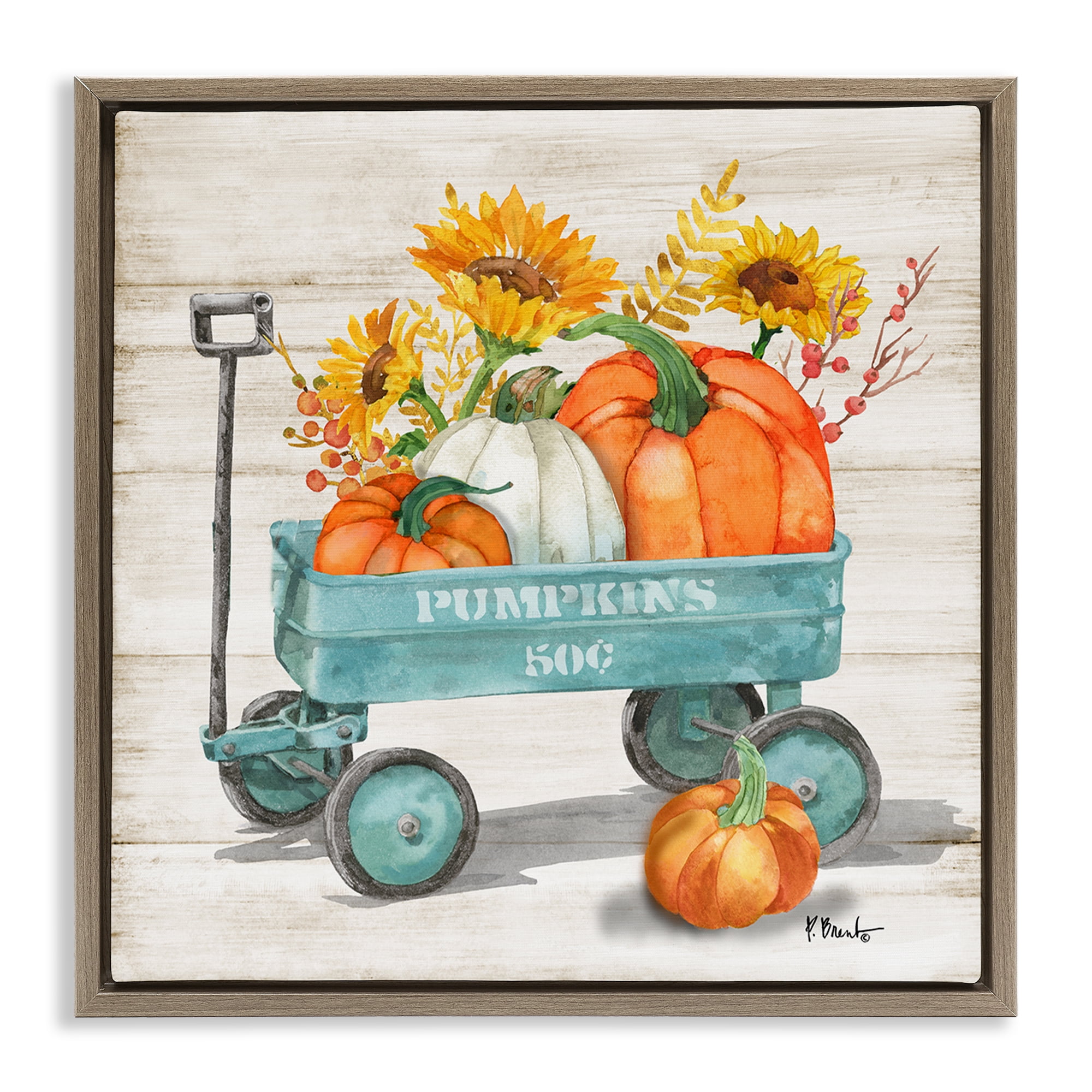 Stupell Industries Pumpkins Harvest Wagon Botanical & Floral Painting Brown Floater Framed Canvas Art Prints Wall Art, 25 x 25