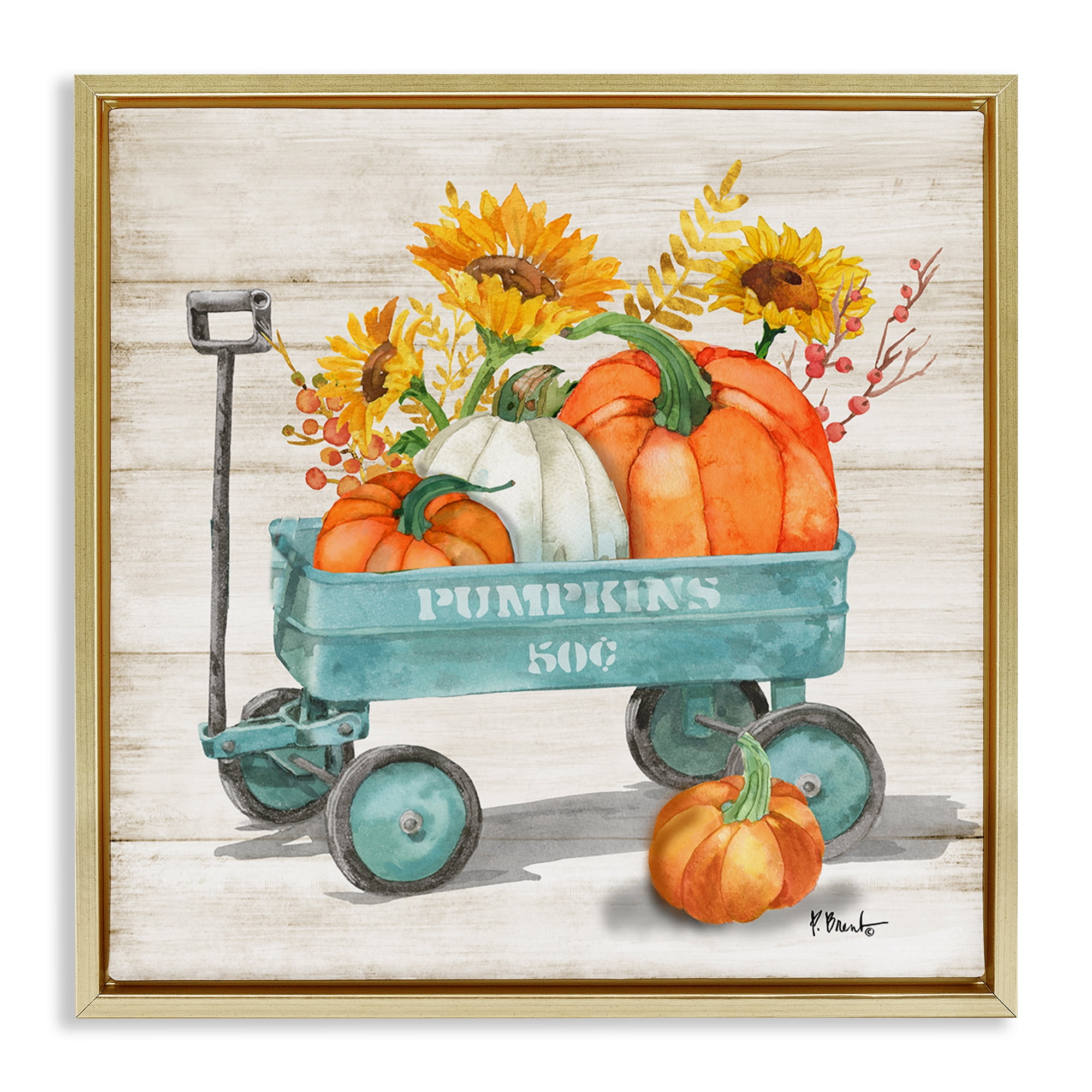 Stupell Industries Pumpkins Harvest Wagon Botanical & Floral Painting Gold Floater Framed Canvas Art Prints Wall Art, 18 x 18