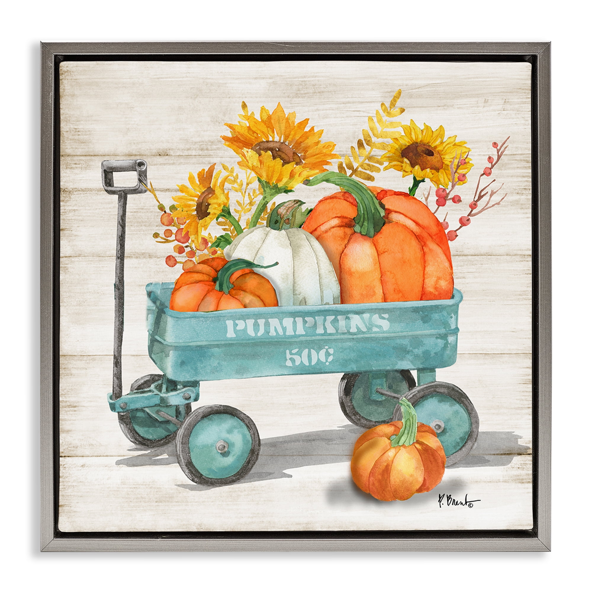 Stupell Industries Pumpkins Harvest Wagon Botanical & Floral Painting Gray Floater Framed Canvas Art Prints Wall Art, 18 x 18