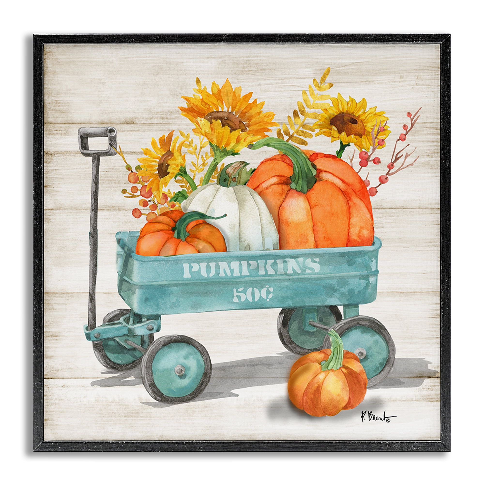 Stupell Industries Pumpkins Harvest Wagon Botanical & Floral Painting Gray Framed Art Prints Wall Art, 12 x 12