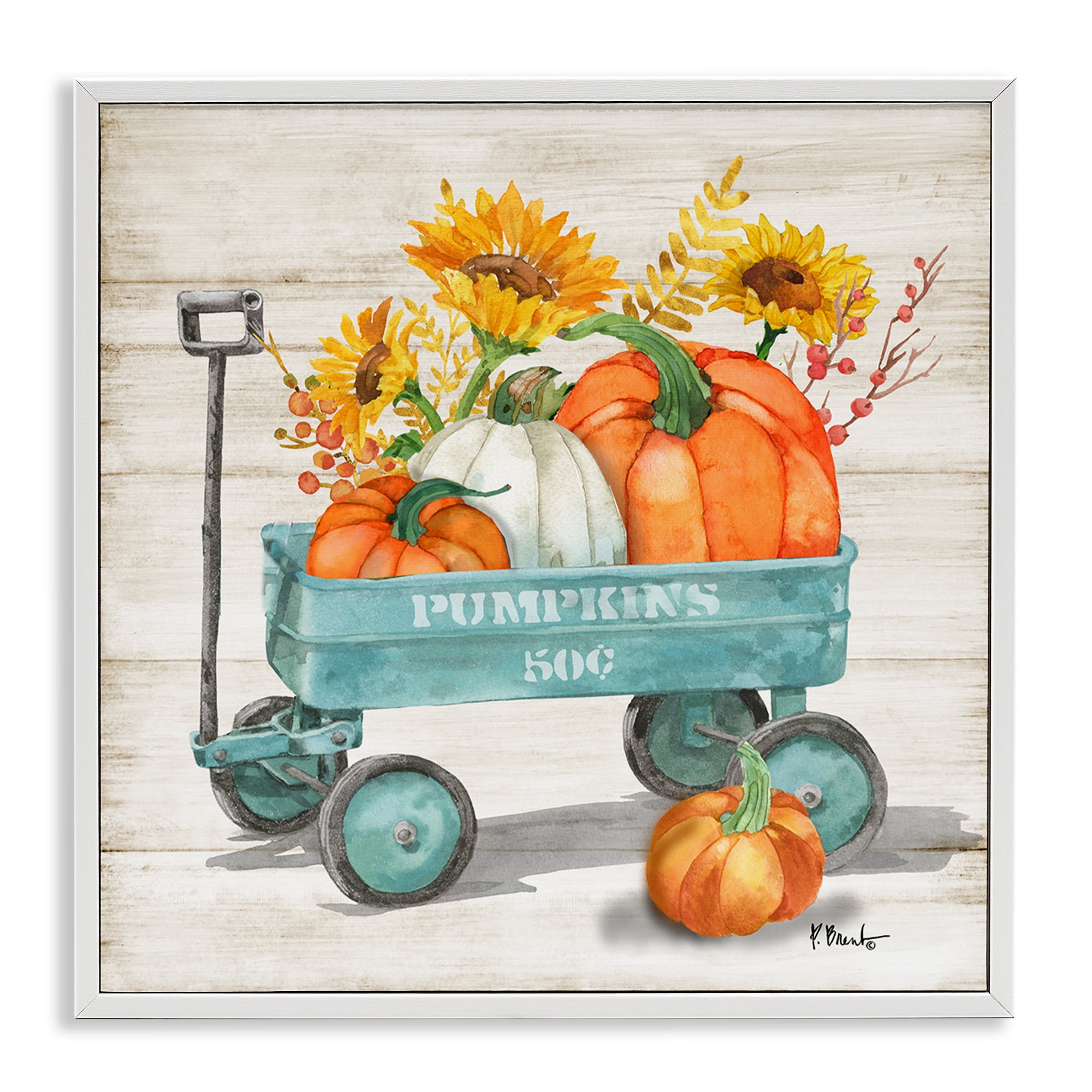 Stupell Industries Pumpkins Harvest Wagon Botanical & Floral Painting White Framed Art Prints Wall Art, 17 x 17
