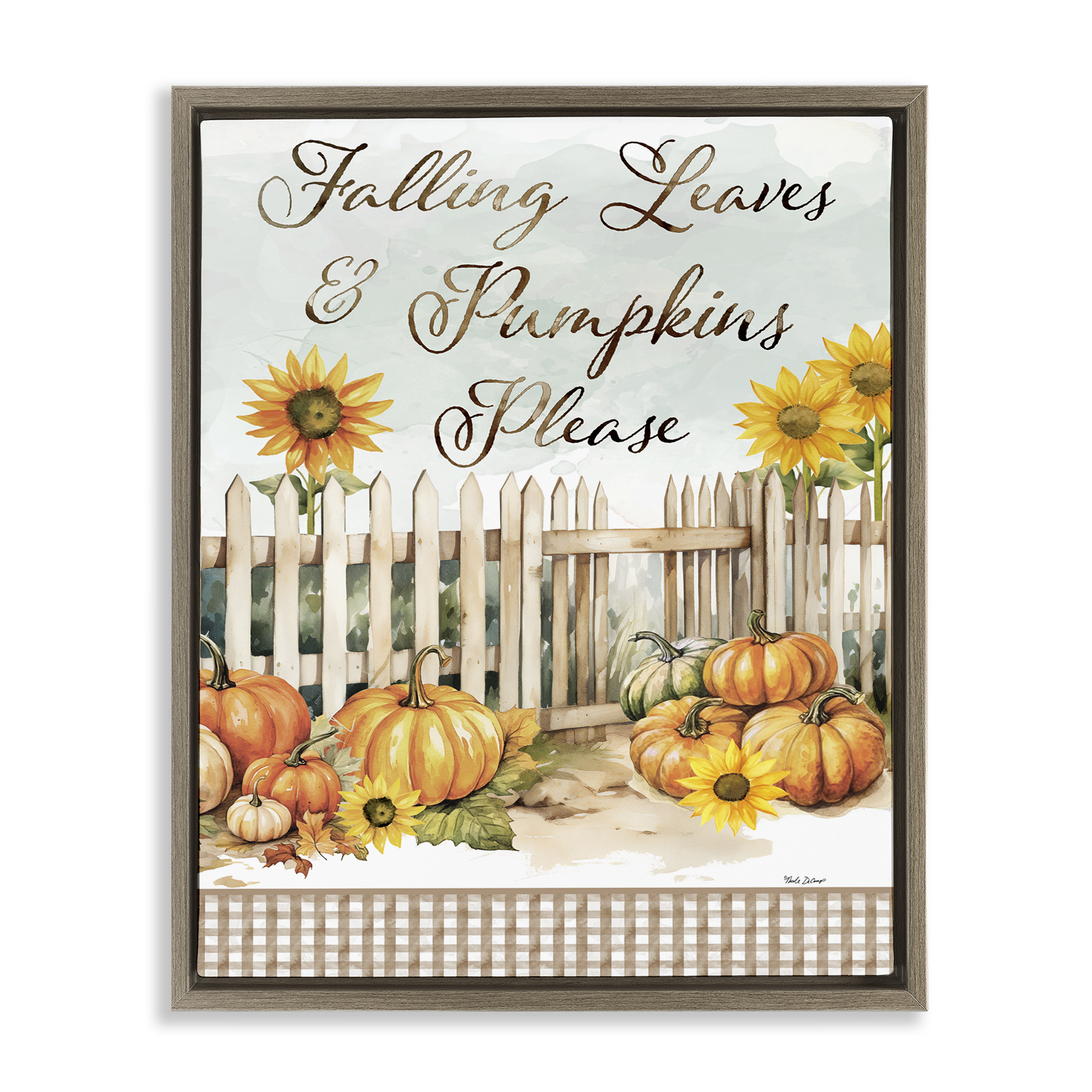 Stupell Industries Pumpkins Please Sentiment Botanical & Floral Painting Brown Floater Framed Canvas Art Prints Wall Art, 17 x 21