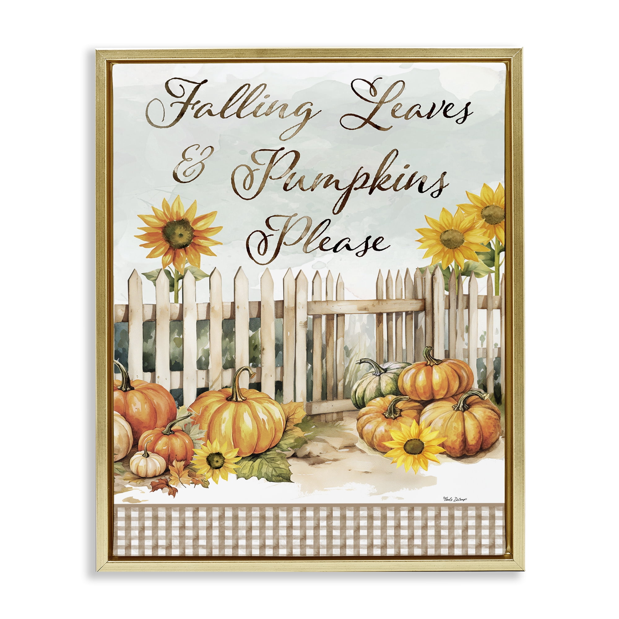 Stupell Industries Pumpkins Please Sentiment Botanical & Floral Painting Gold Floater Framed Canvas Art Prints Wall Art, 17 x 21
