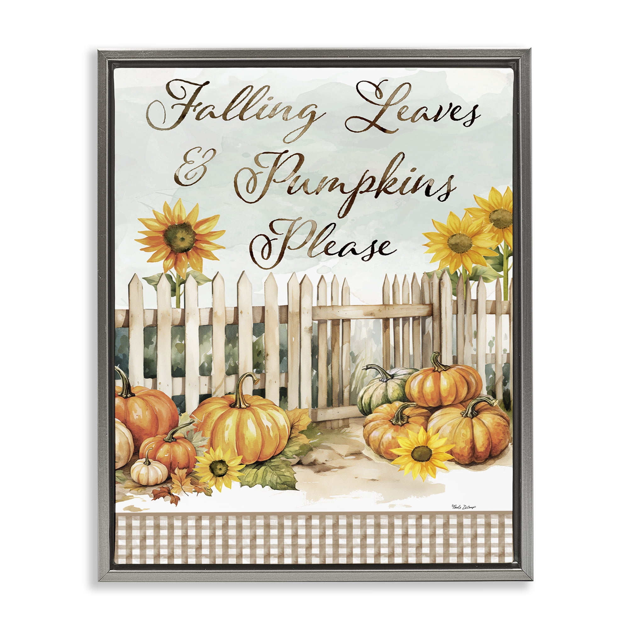 Stupell Industries Pumpkins Please Sentiment Botanical & Floral Painting Gray Floater Framed Canvas Art Prints Wall Art, 25 x 31