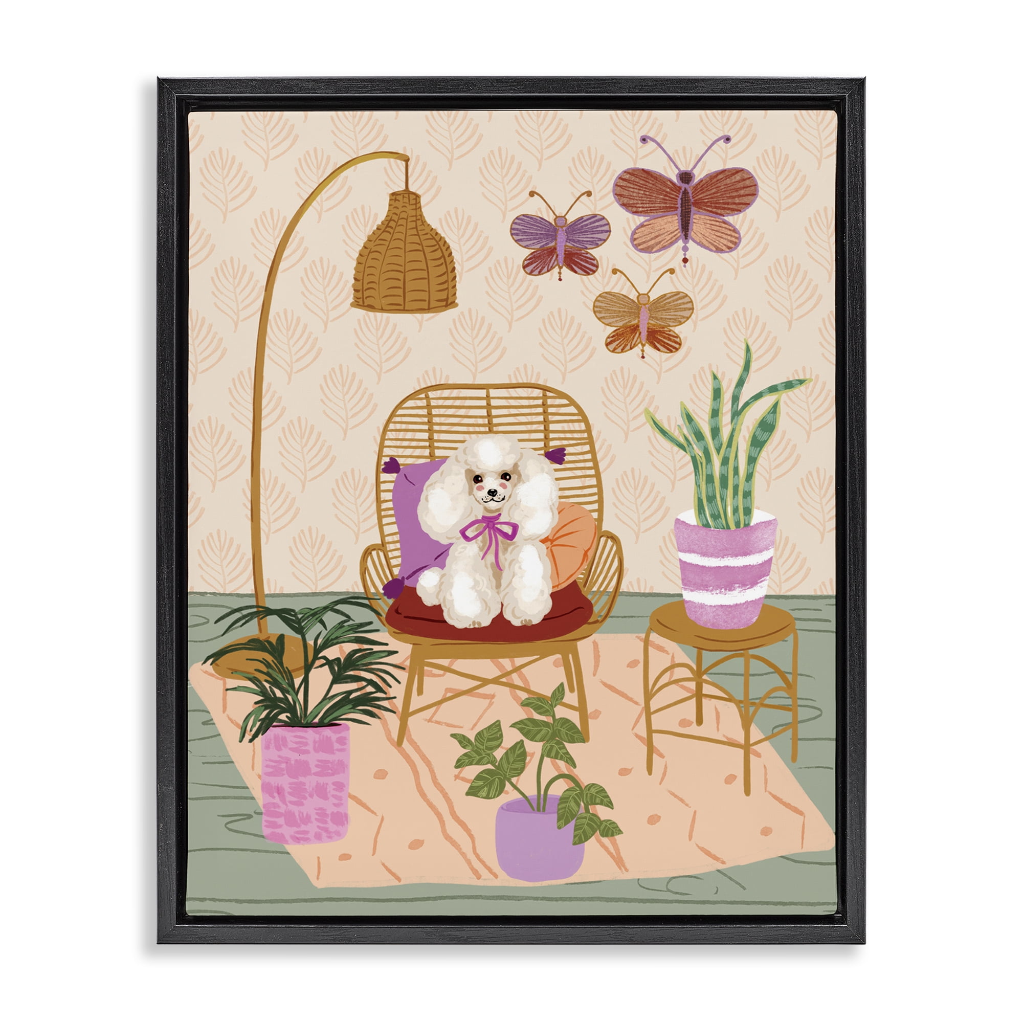 Stupell Industries Pup in Whimsical Living Space Animals Painting Black Floater Framed Canvas Art Print Wall Art, 25 x 31