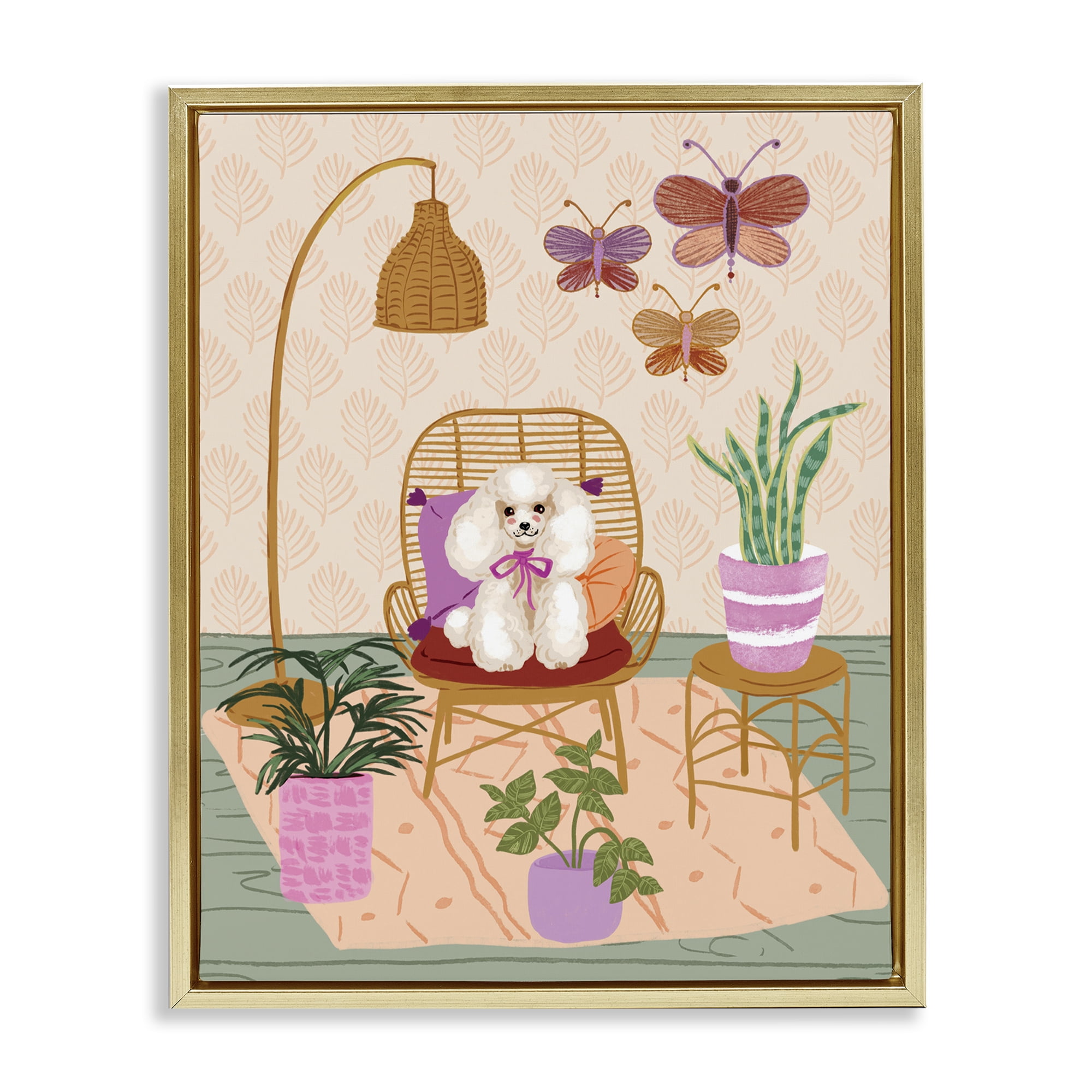 Stupell Industries Pup in Whimsical Living Space Animals Painting Gold Floater Framed Canvas Art Print Wall Art, 25 x 31
