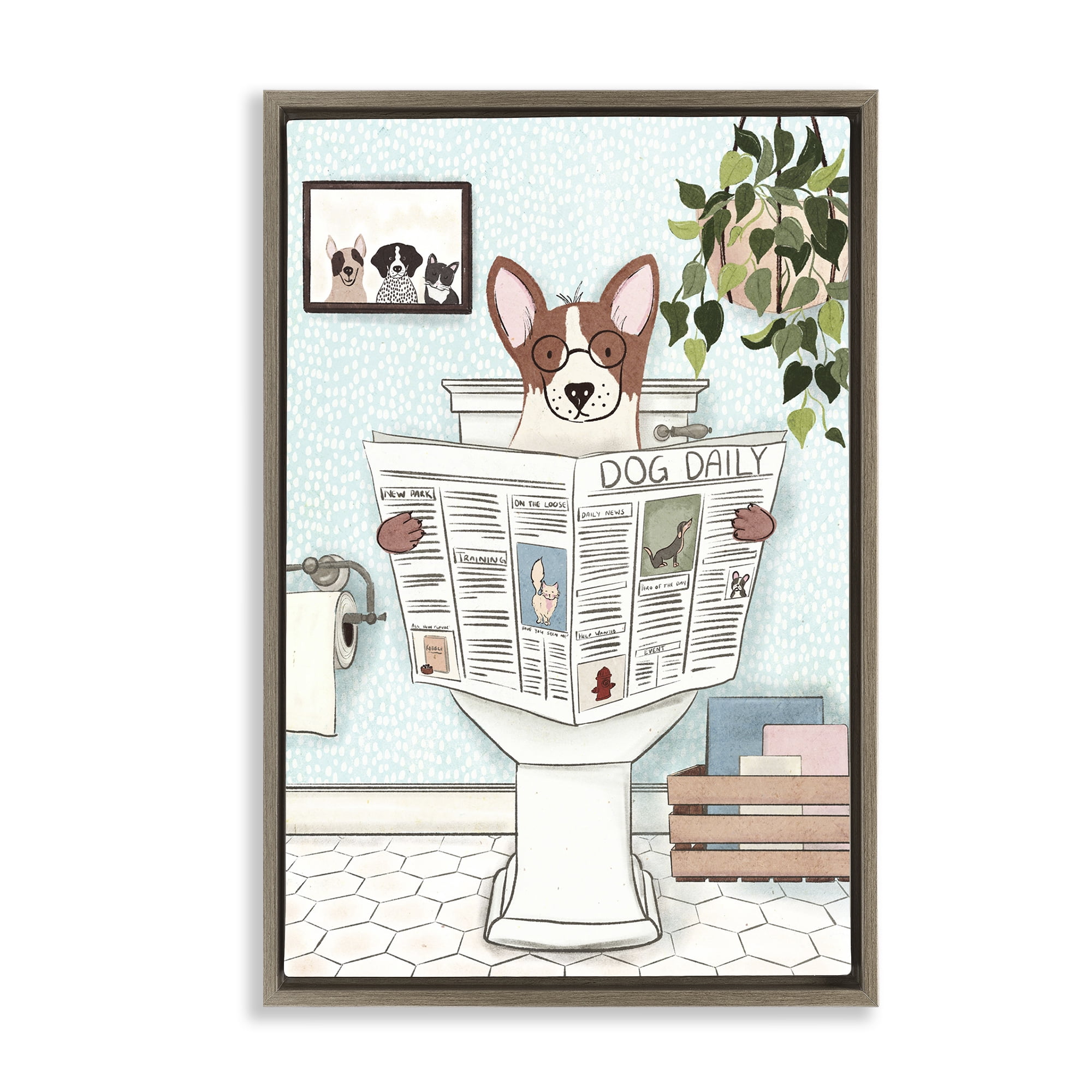 Stupell Industries Pup with Newspaper Typography Painting Brown Floater Framed Canvas Art Print Wall Art, 21 x 31
