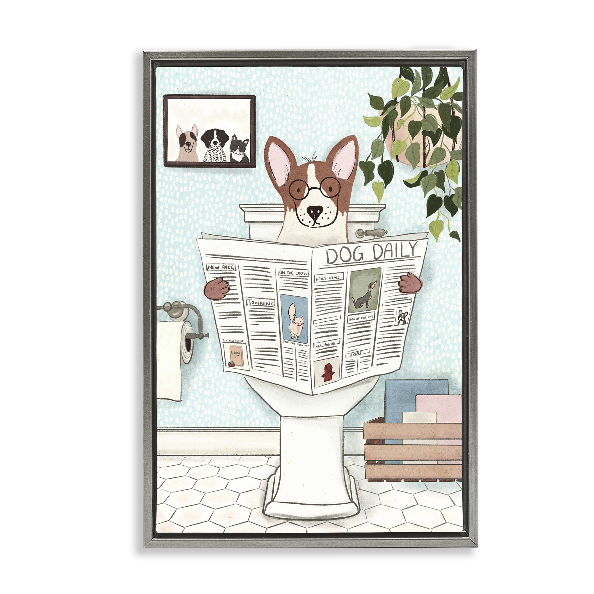 Stupell Industries Pup with Newspaper Typography Painting Gray Floater Framed Canvas Art Print Wall Art, 17 x 25