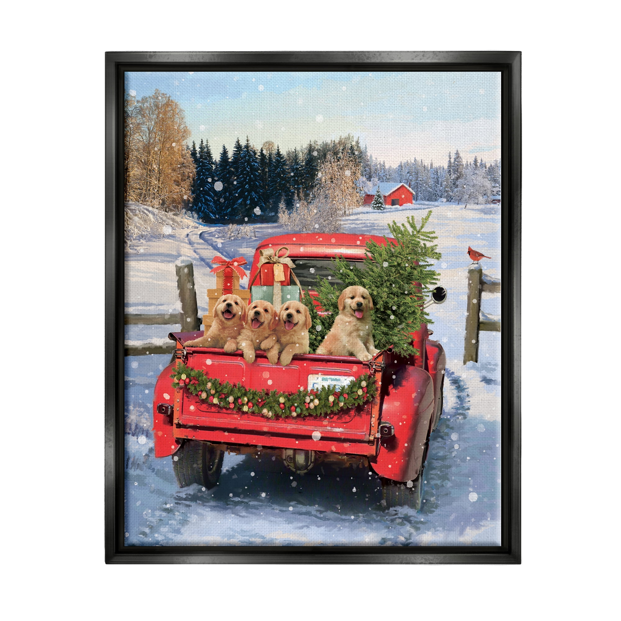 Stupell Industries Puppies in Holiday Truck Holiday Painting Black Floater Framed Canvas Art Print Wall Art, 17 x 21