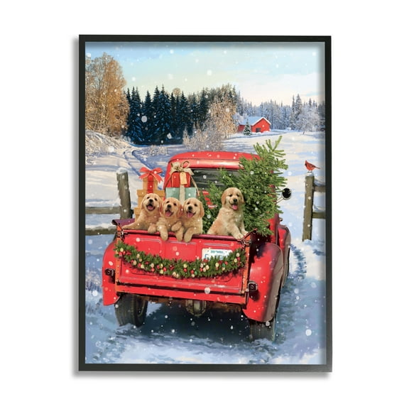 Stupell Industries Puppies in Holiday Truck Holiday Painting Black Framed Art Print Wall Art, 11 x 14