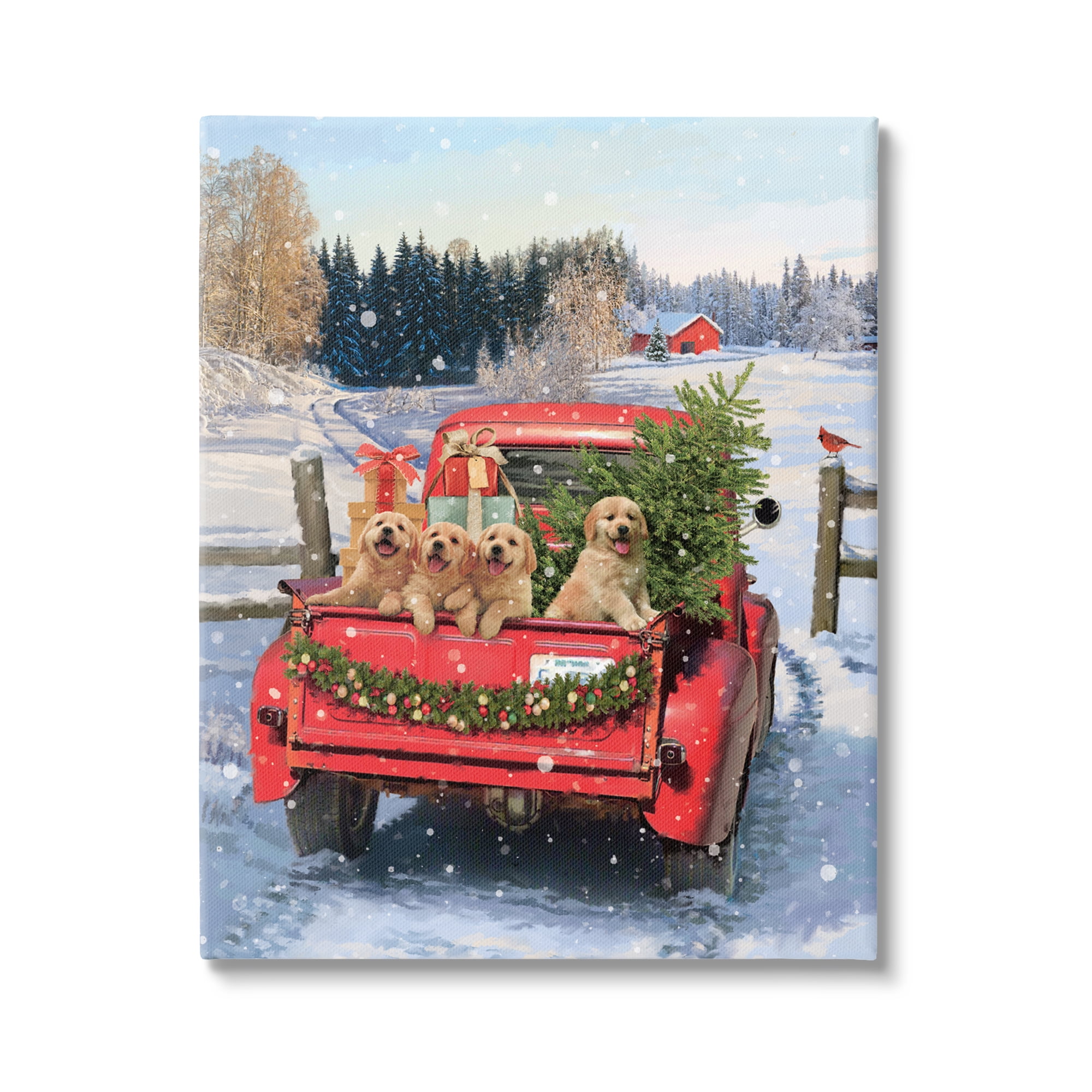 Stupell Industries Puppies in Holiday Truck Holiday Painting Gallery Wrapped Canvas Art Print Wall Art, 16 x 20