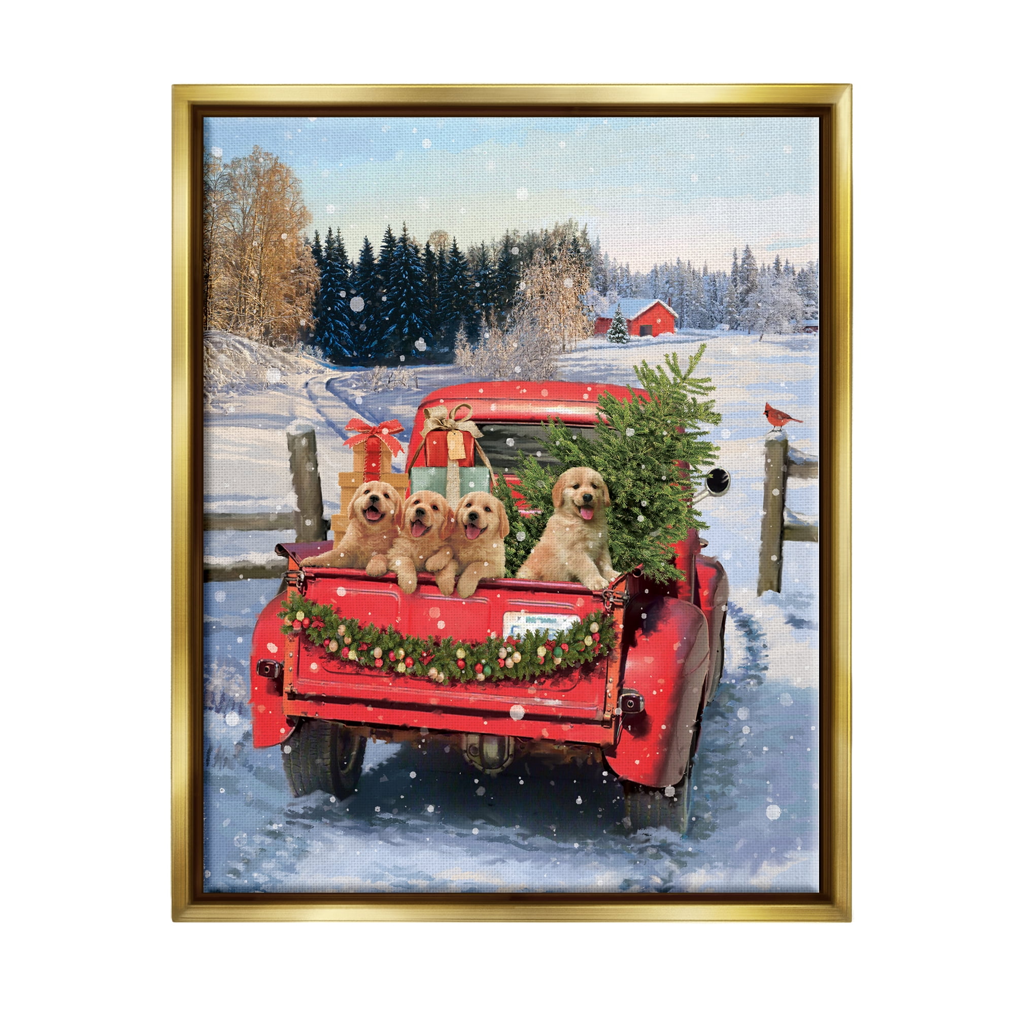 Stupell Industries Puppies in Holiday Truck Holiday Painting Gold Floater Framed Canvas Art Print Wall Art, 25 x 31