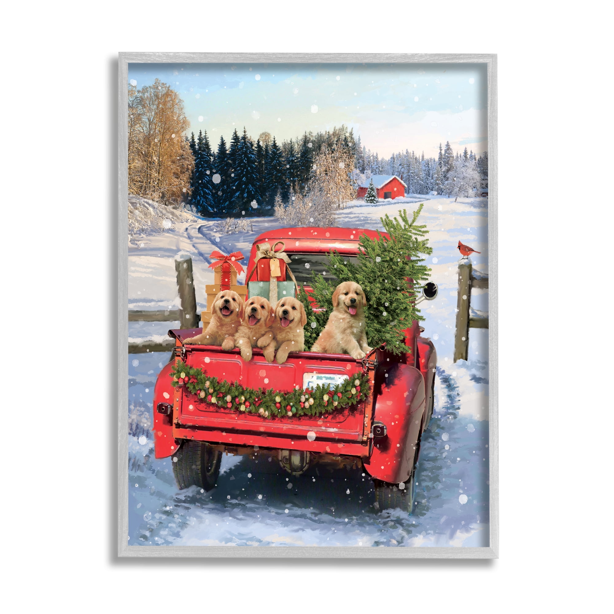 Stupell Industries Puppies in Holiday Truck Holiday Painting Gray Framed Art Print Wall Art, 16 x 20