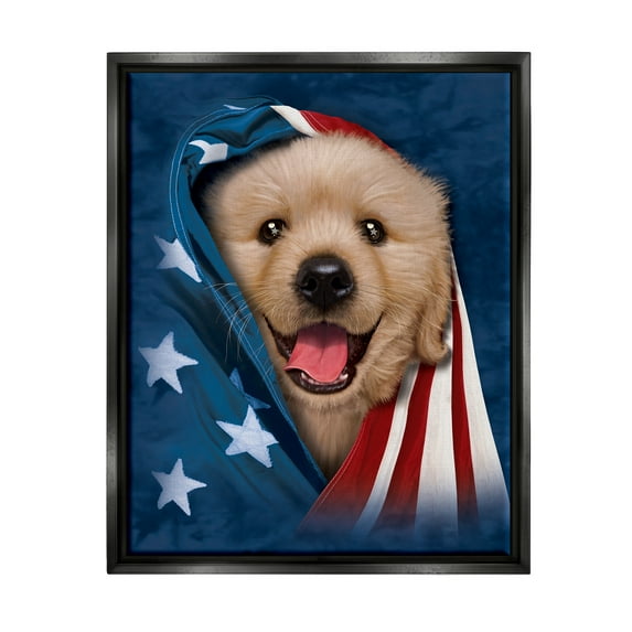 Stupell Industries Puppy & American Flag Animals & Insects Painting Black Floater Framed Canvas Art Print Wall Art, 25 x 31