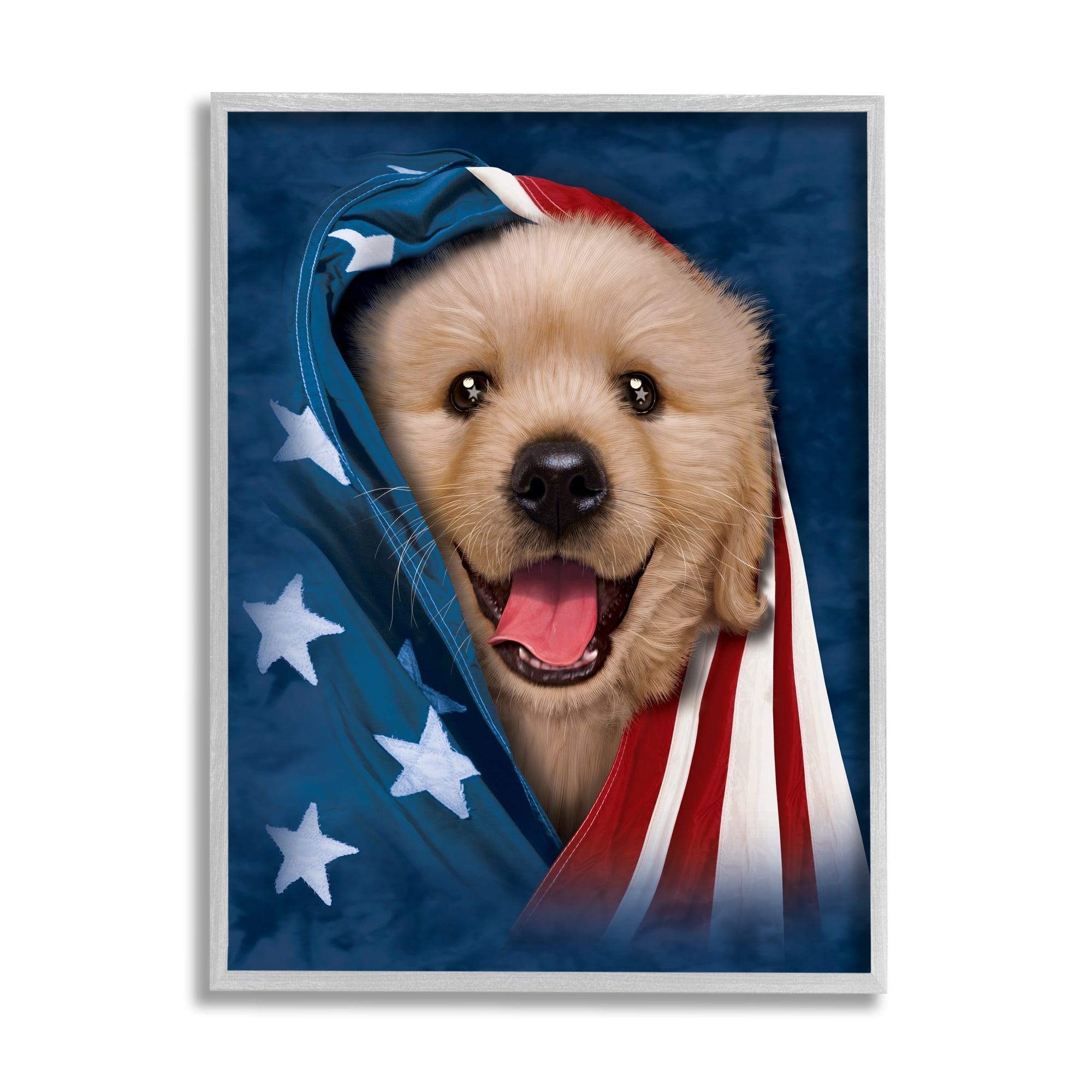 Stupell Industries Puppy & American Flag Animals & Insects Painting Gray Framed Art Print Wall Art, 11 x 14