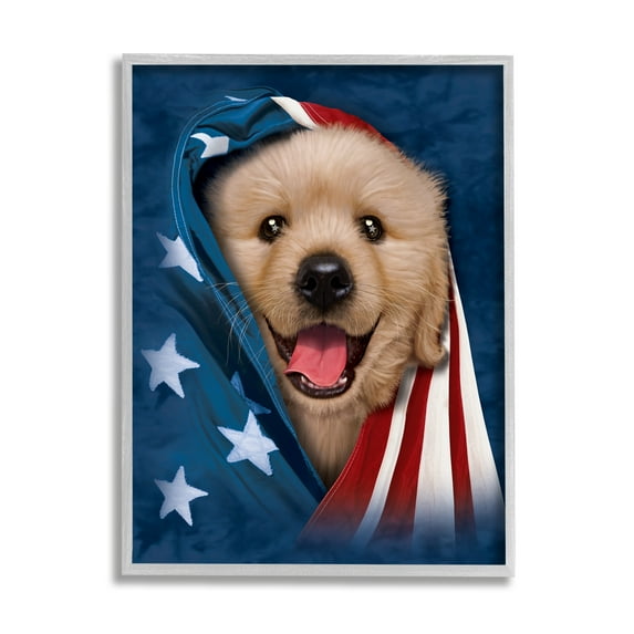Stupell Industries Puppy & American Flag Animals & Insects Painting Gray Framed Art Print Wall Art, 16 x 20