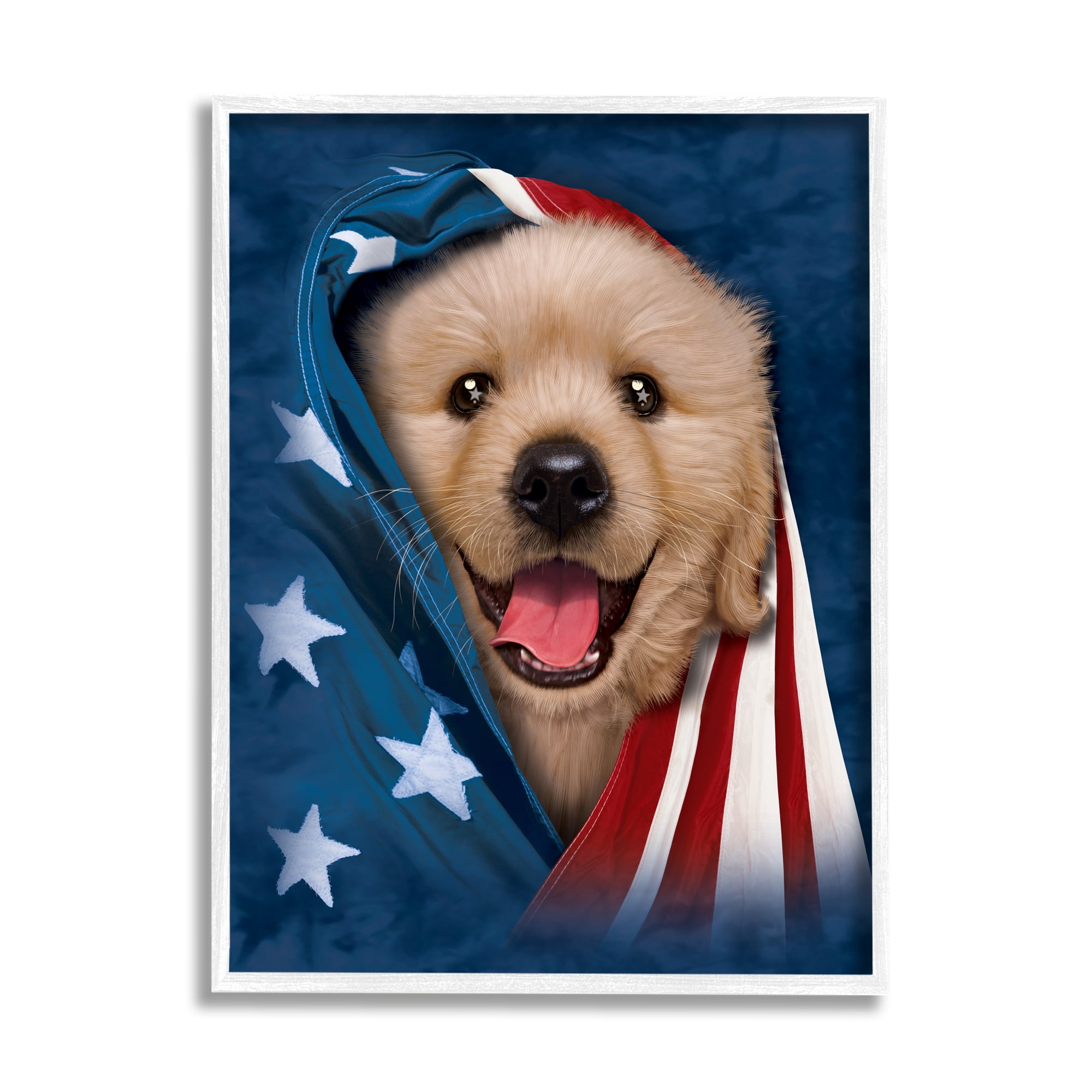 Stupell Industries Puppy & American Flag Animals & Insects Painting White Framed Art Print Wall Art, 24 x 30