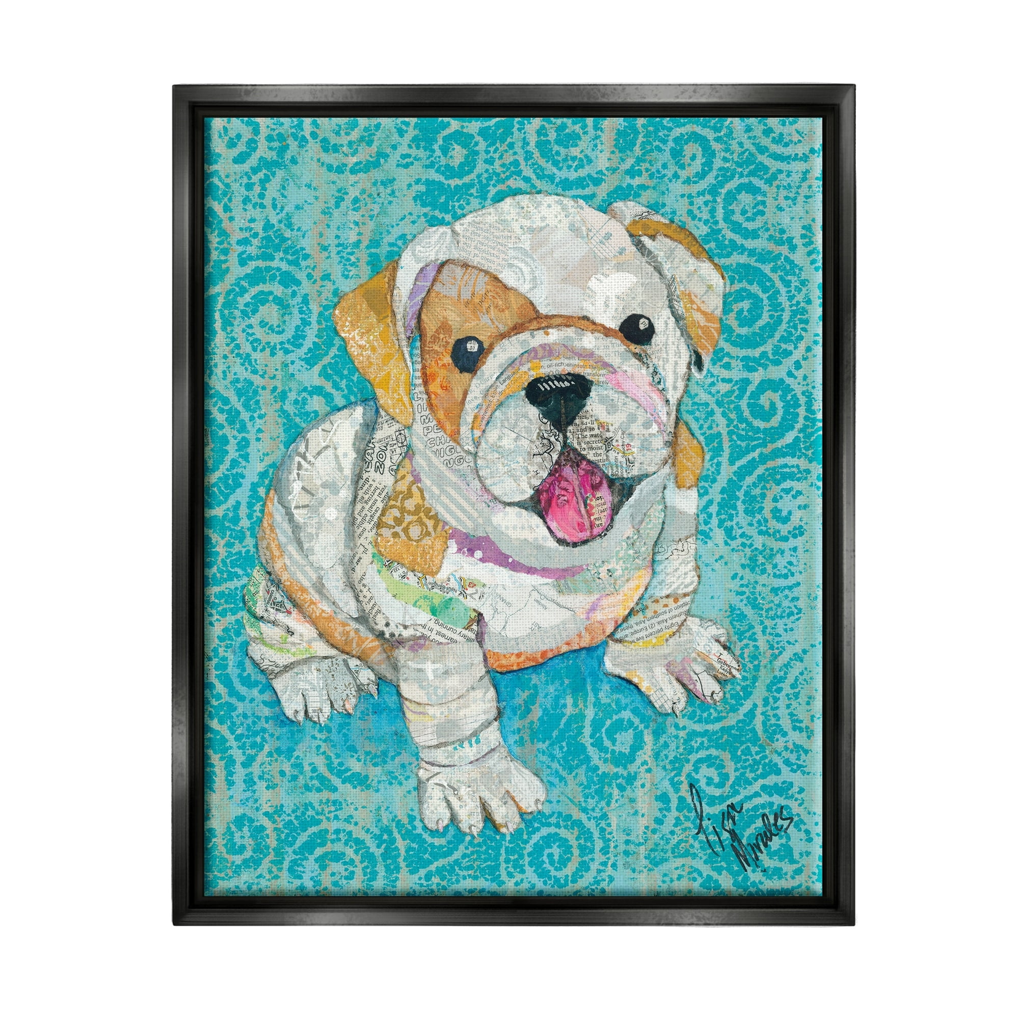 Stupell Industries Puppy Dog Swirl Pattern Mixed Ephemera Collage Painting Jet Black Floating Framed Canvas Print Wall Art, Design by Lisa Morales