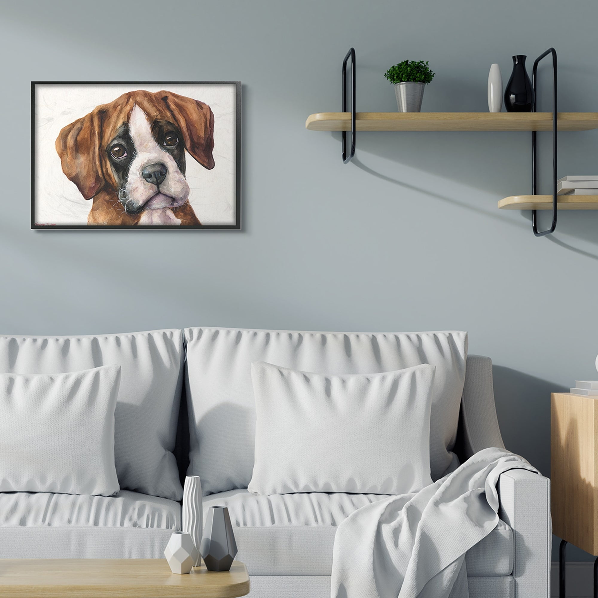 Stupell Industries Puppy Eyes Boxer Dog Pet Portrait Brown White Black Framed, 24 x 30, Design by George Dyachenko