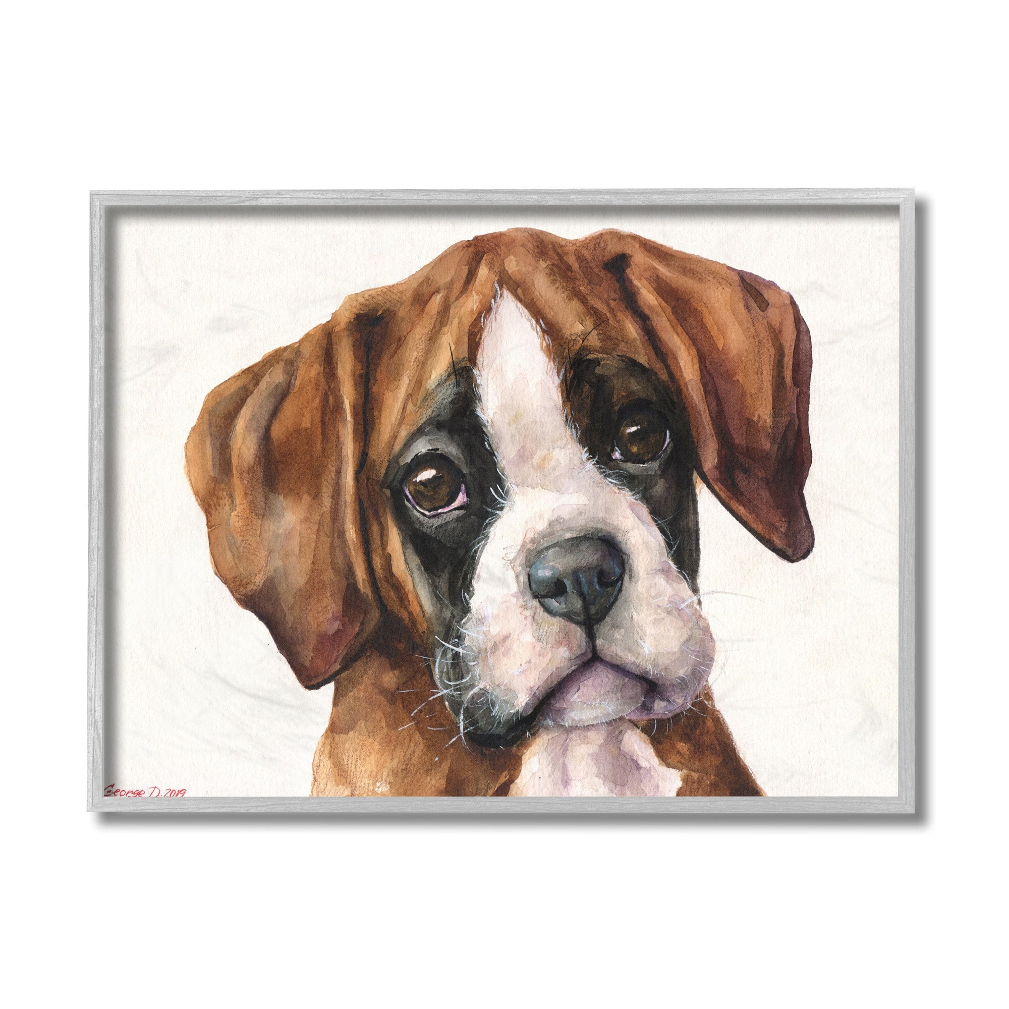 Stupell Industries Puppy Eyes Boxer Dog Pet Portrait Brown White Grey Framed, 16 x 20, Design by George Dyachenko