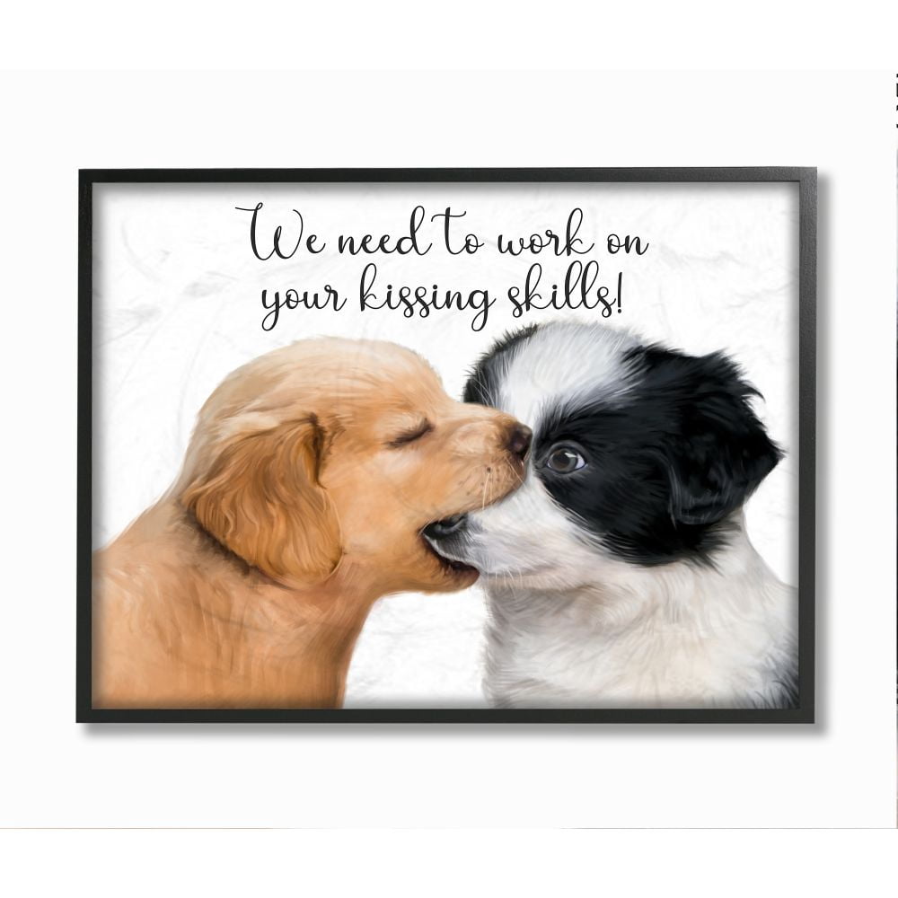 Stupell Industries Puppy Love Kiss Skills Phrase Young Love Quote Framed Wall Art Design by Ziwei Li, 16" x 20", Black Framed