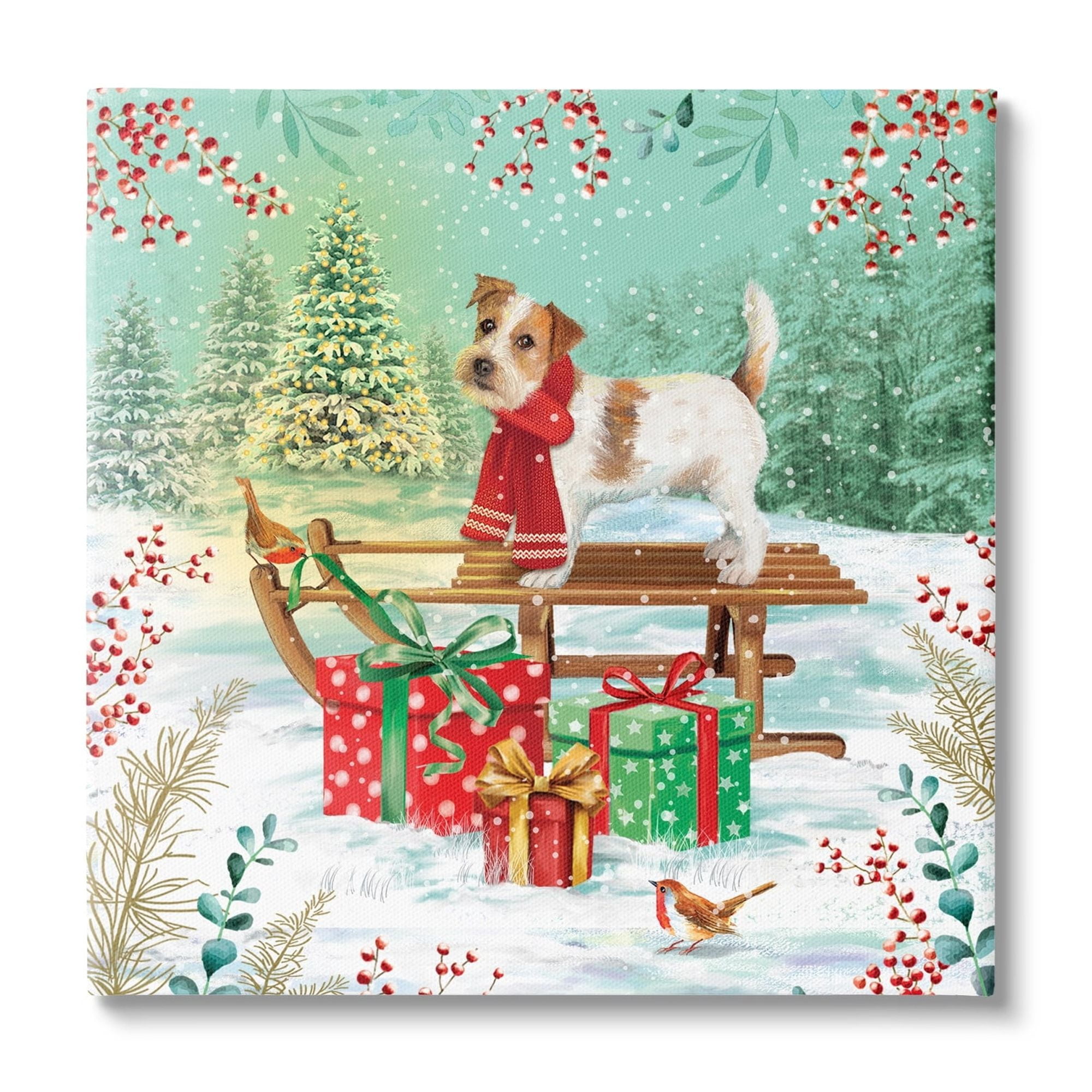 Stupell Industries Puppy On Sled Christmas Gifts Holiday Painting Gallery Wrapped Canvas Print Wall Art