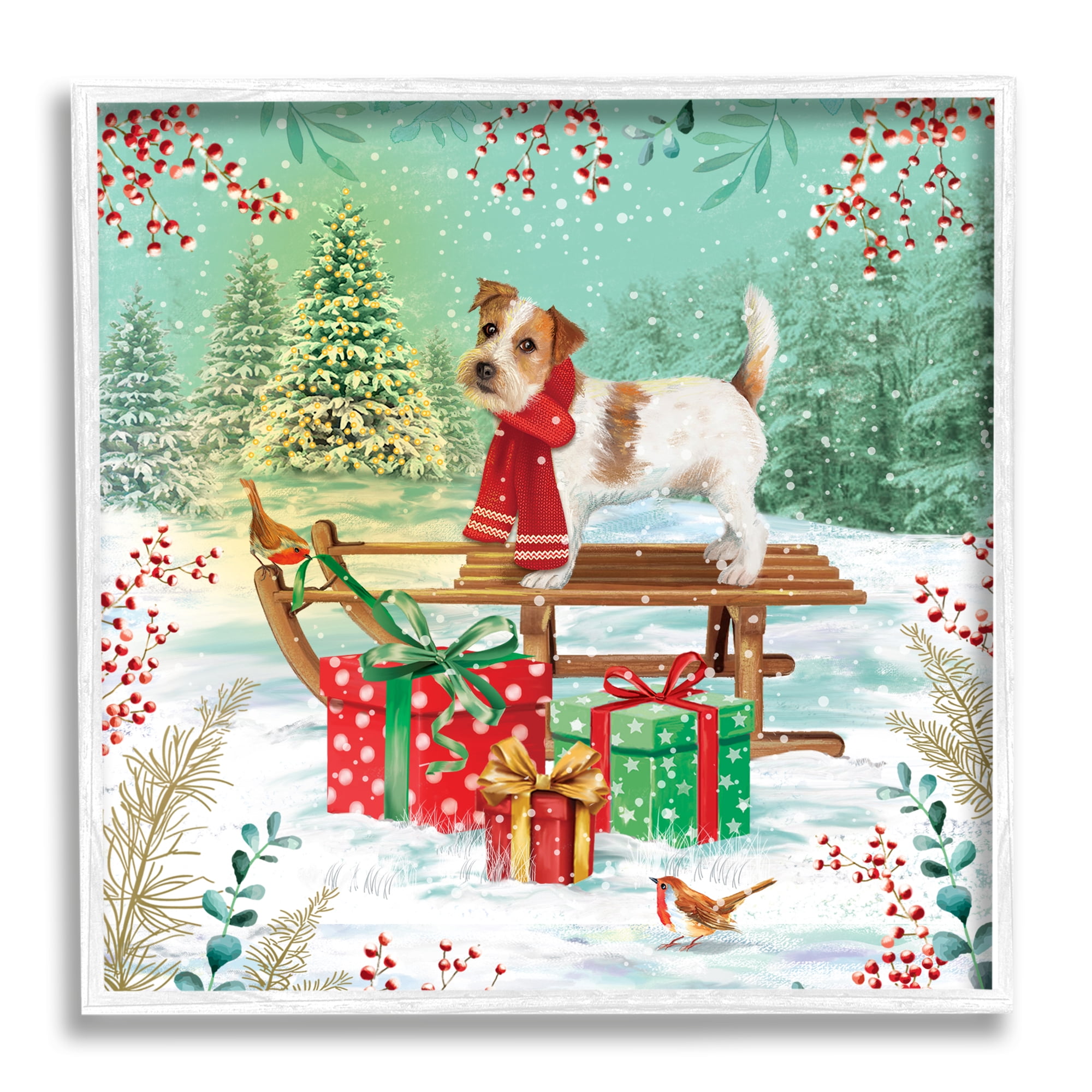 Stupell Industries Puppy On Sled Christmas Gifts Holiday Painting White Framed Art Print Wall Art