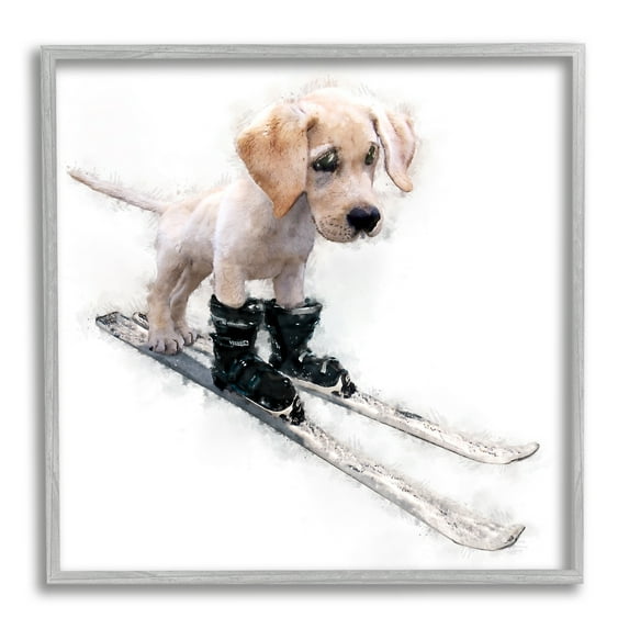 Stupell Industries Puppy Skiing Winter Pet Animals & Insects Painting Gray Framed Art Print Wall Art