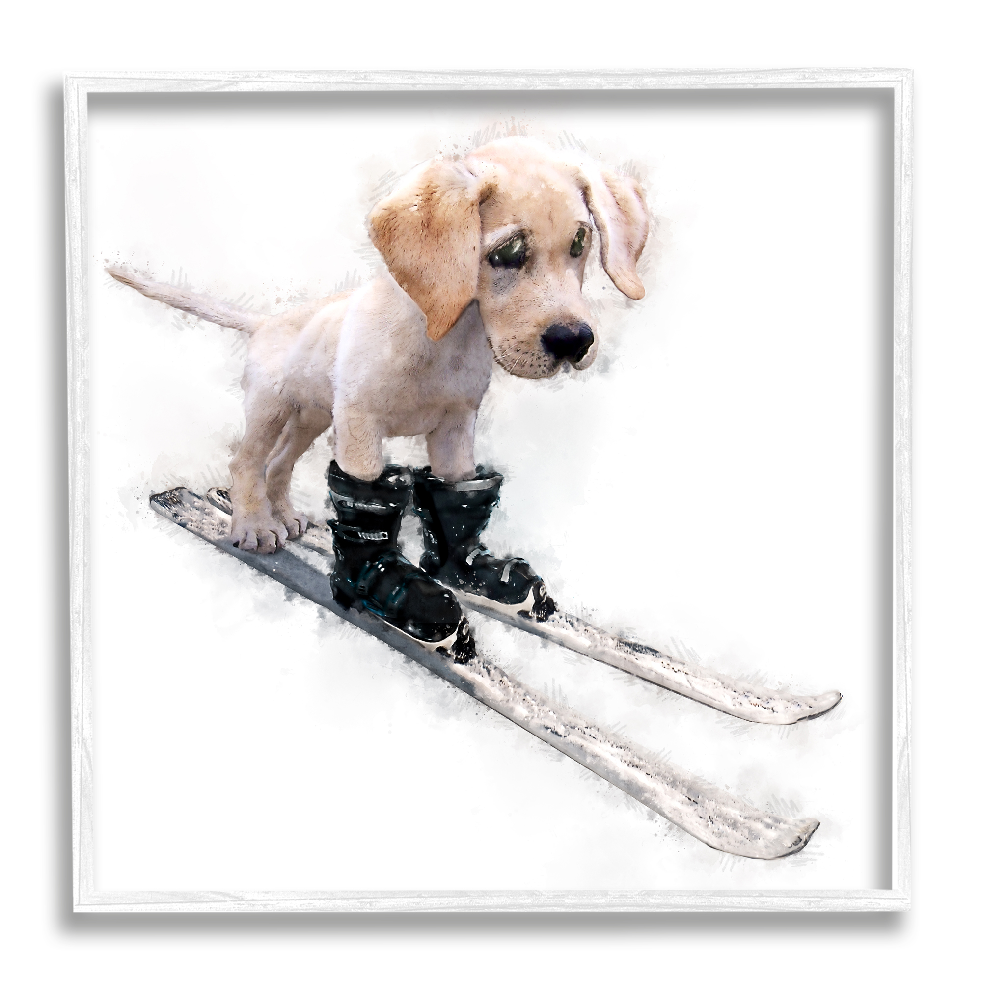 Stupell Industries Puppy Skiing Winter Pet Animals & Insects Painting White Framed Art Print Wall Art