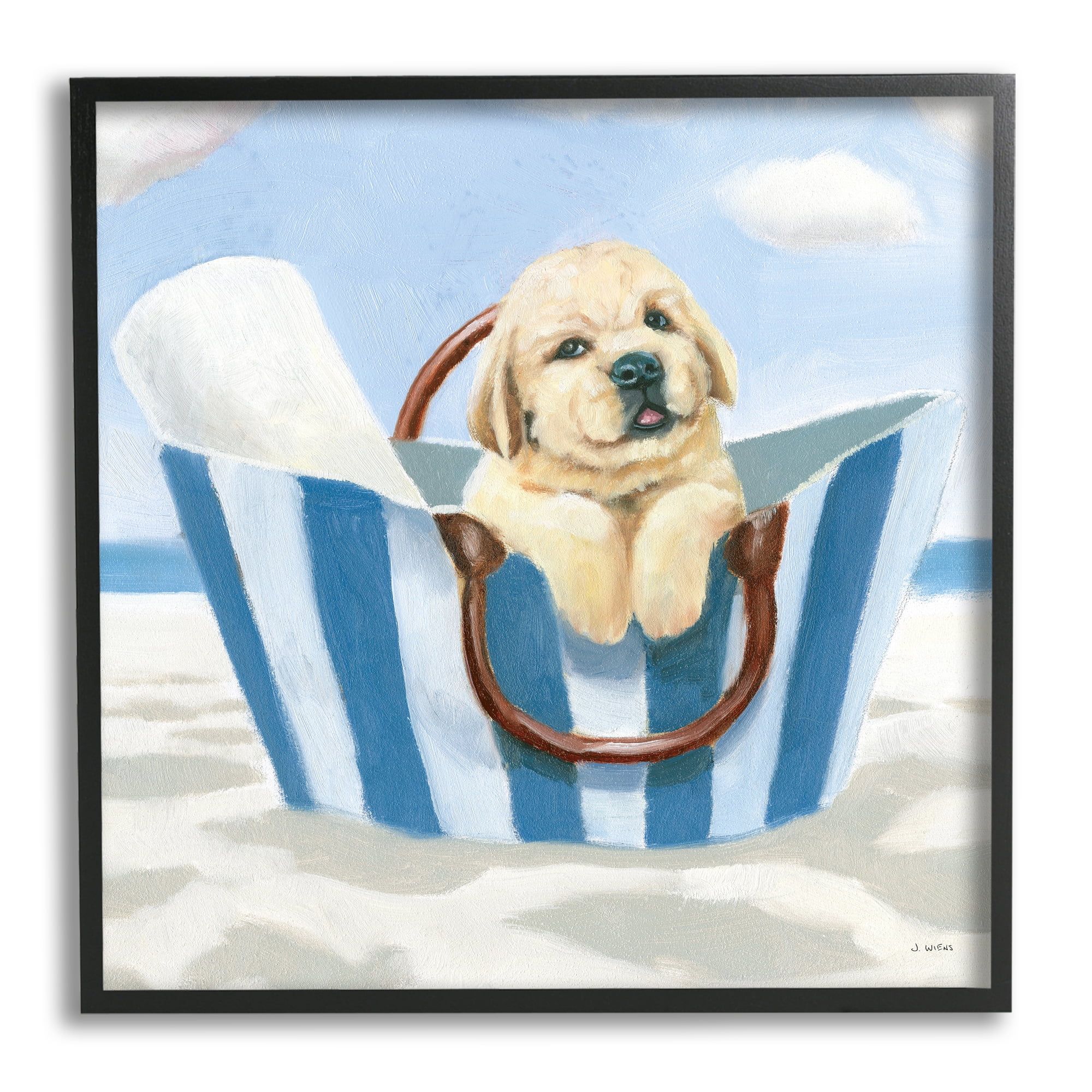 Stupell Industries Puppy at Beach Landscape Animals & Insects Painting Black Framed Art Print Wall Art, 17 x 17