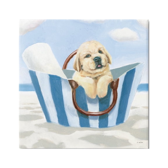 Stupell Industries Puppy at Beach Landscape Animals & Insects Painting Gallery Wrapped Canvas Print Wall Art, 17 x 17
