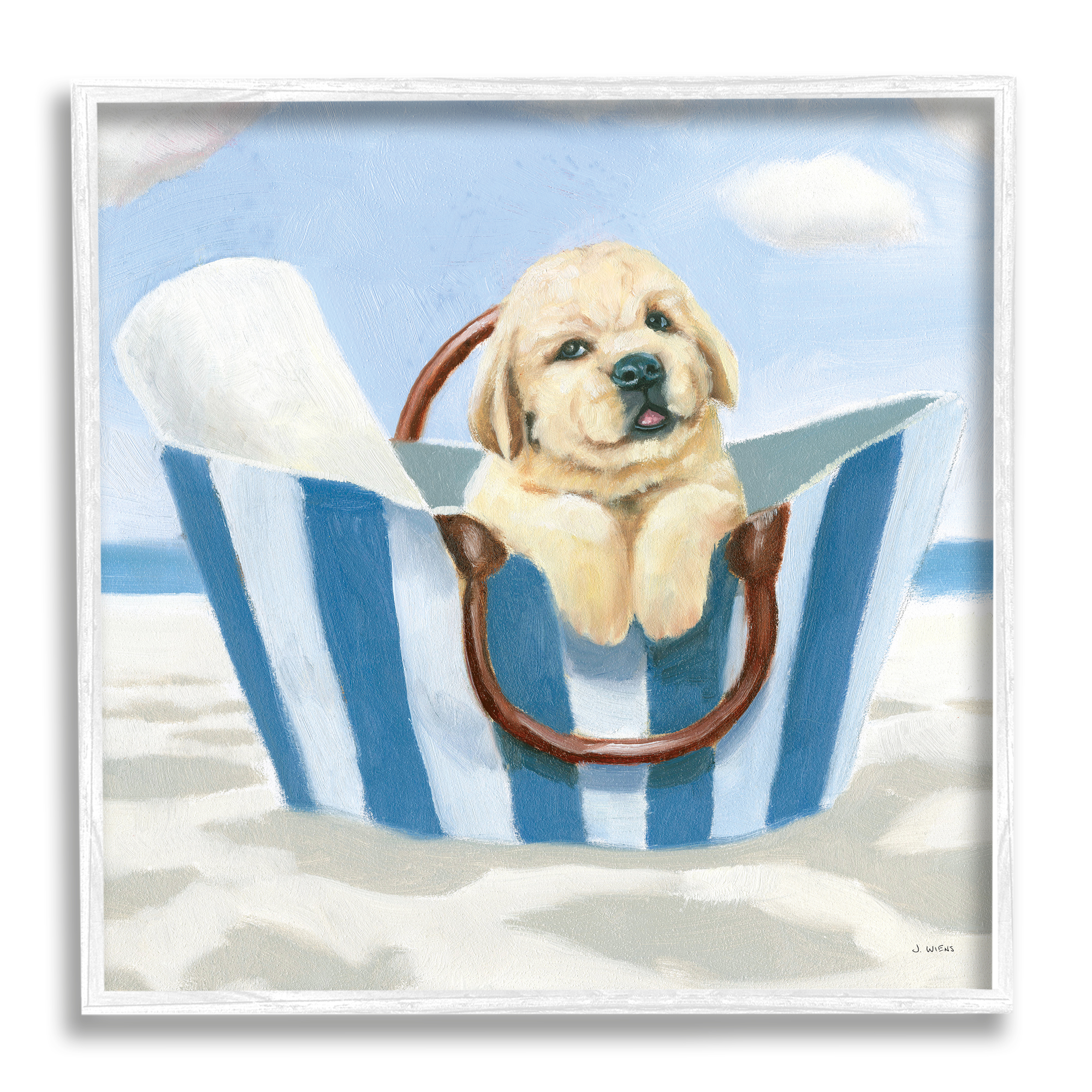 Stupell Industries Puppy at Beach Landscape Animals & Insects Painting White Framed Art Print Wall Art, 12 x 12