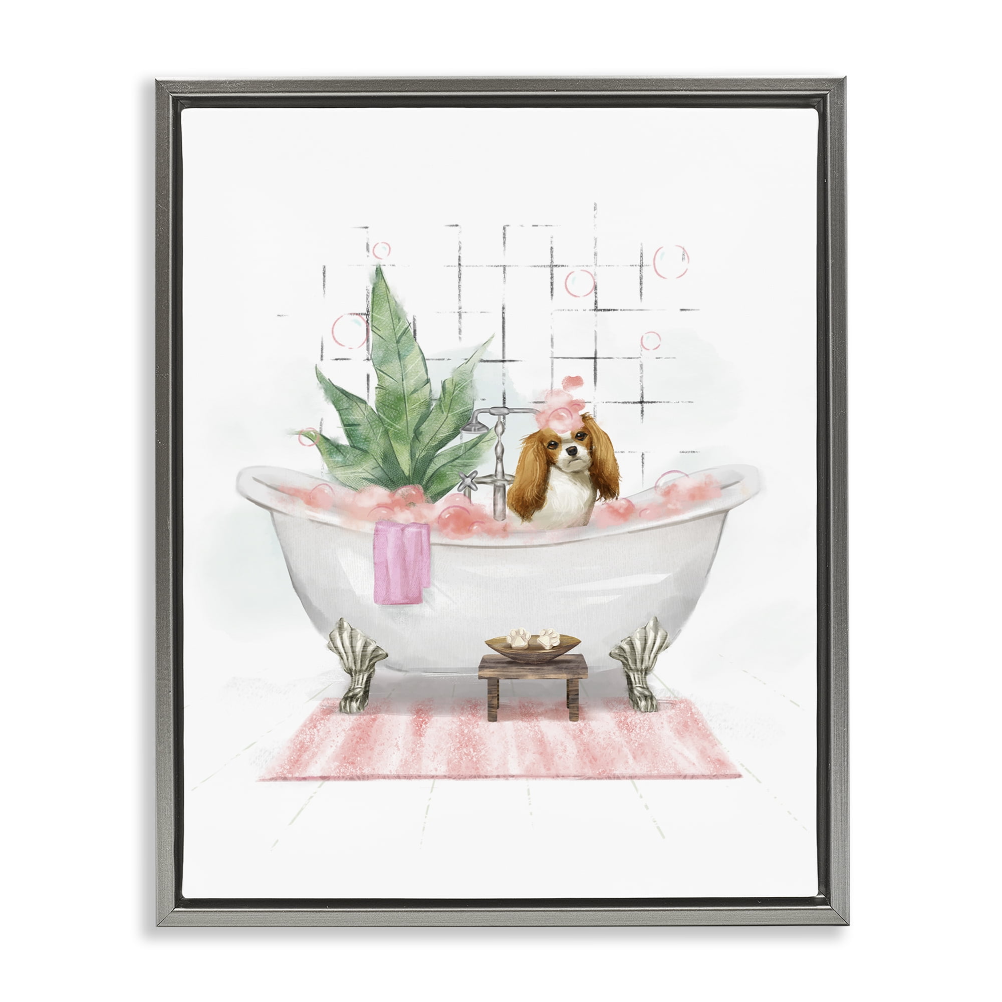 Stupell Industries Puppy in Bathtub Pastel Bath & Laundry Painting Gray Floater Framed Canvas Art Print Wall Art, 25 x 31