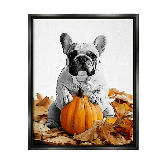 Stupell Industries Puppy with Fall Pumpkin Holiday Painting Black Floater Framed Canvas Art Print Wall Art, 25 x 31