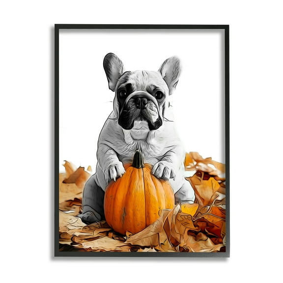 Stupell Industries Puppy with Fall Pumpkin Holiday Painting Black Framed Art Print Wall Art, 11 x 14