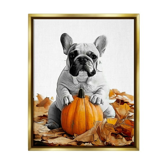 Stupell Industries Puppy with Fall Pumpkin Holiday Painting Gold Floater Framed Canvas Art Print Wall Art, 25 x 31