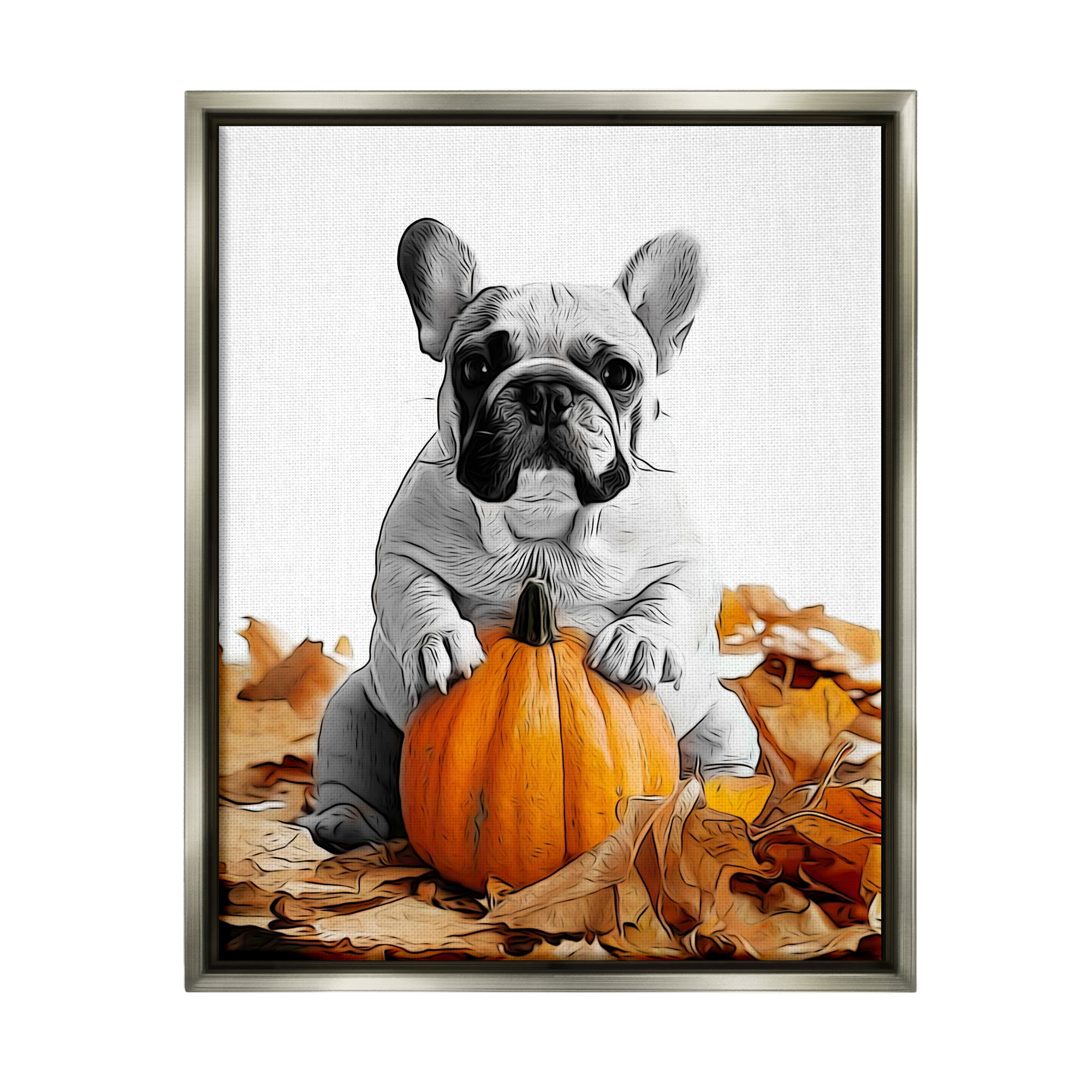 Stupell Industries Puppy with Fall Pumpkin Holiday Painting Gray Floater Framed Canvas Art Print Wall Art, 17 x 21