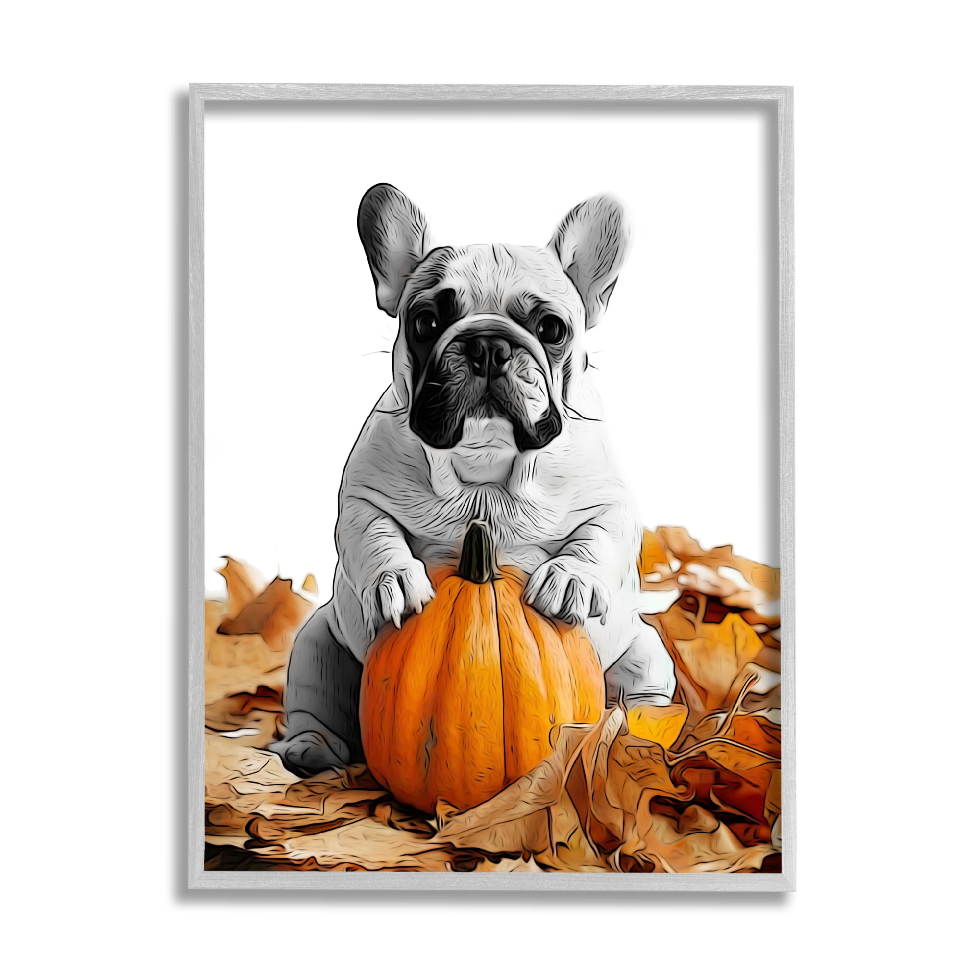 Stupell Industries Puppy with Fall Pumpkin Holiday Painting Gray Framed Art Print Wall Art, 11 x 14