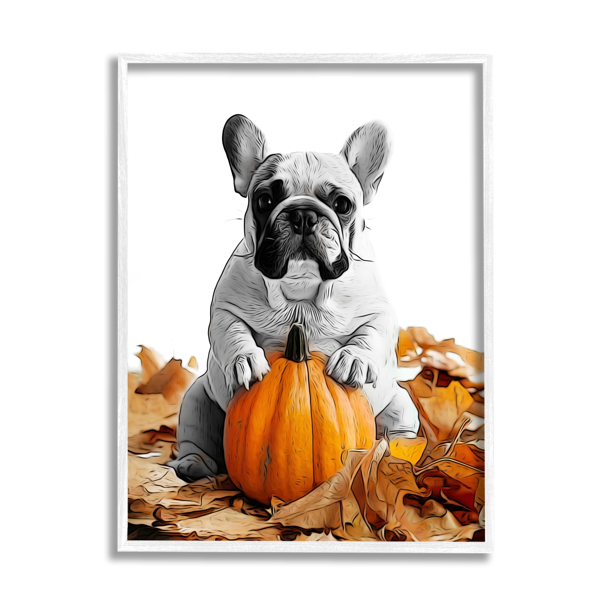 Stupell Industries Puppy with Fall Pumpkin Holiday Painting White Framed Art Print Wall Art, 24 x 30