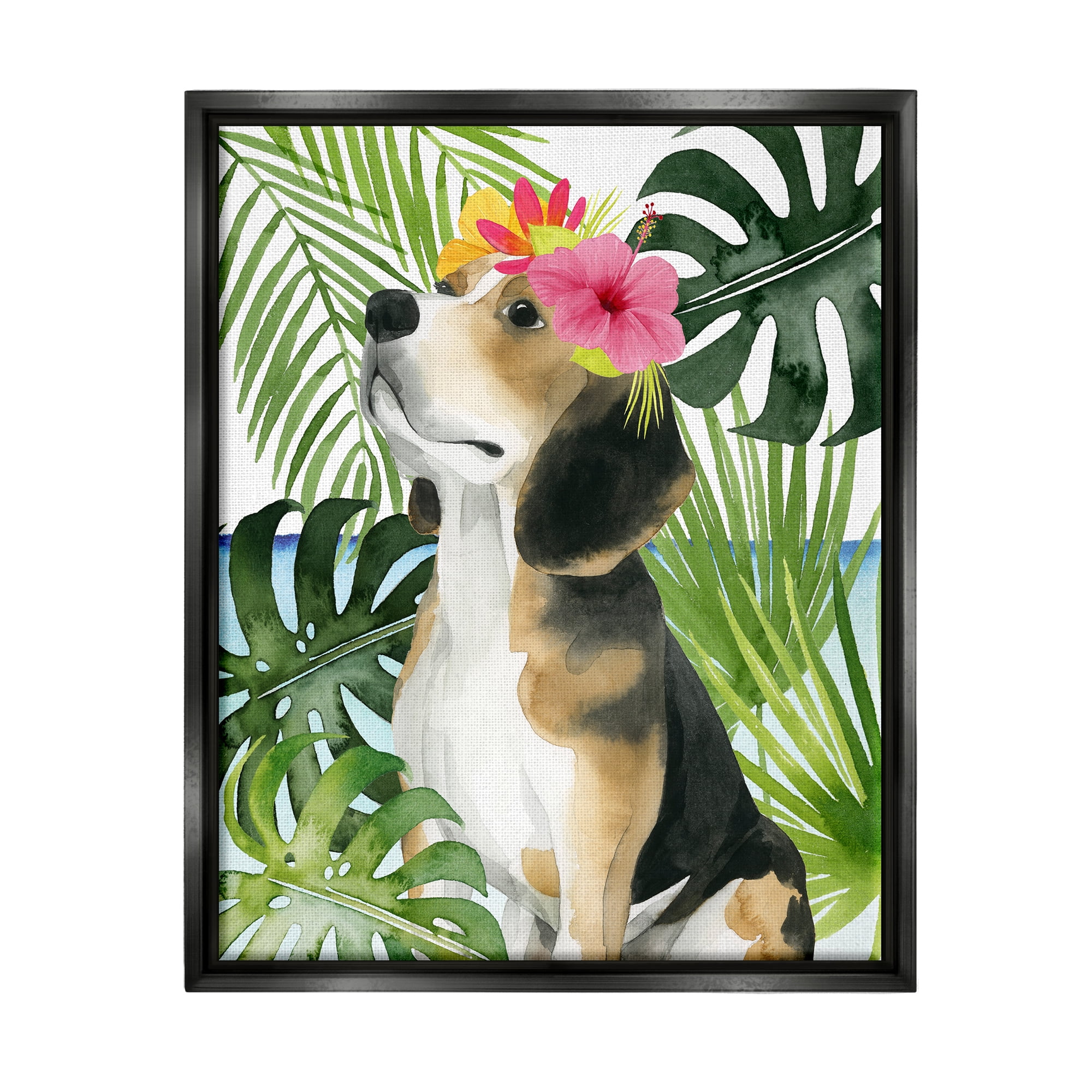 Stupell Industries Puppy with Hibiscus Animals & Insects Painting Black Floater Framed Canvas Art Print Wall Art, 25 x 31