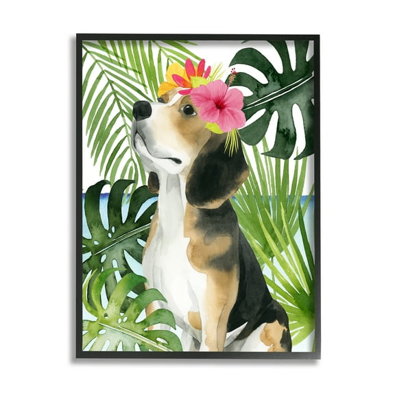Stupell Industries Puppy with Hibiscus Animals & Insects Painting Black Framed Art Print Wall Art, 11 x 14