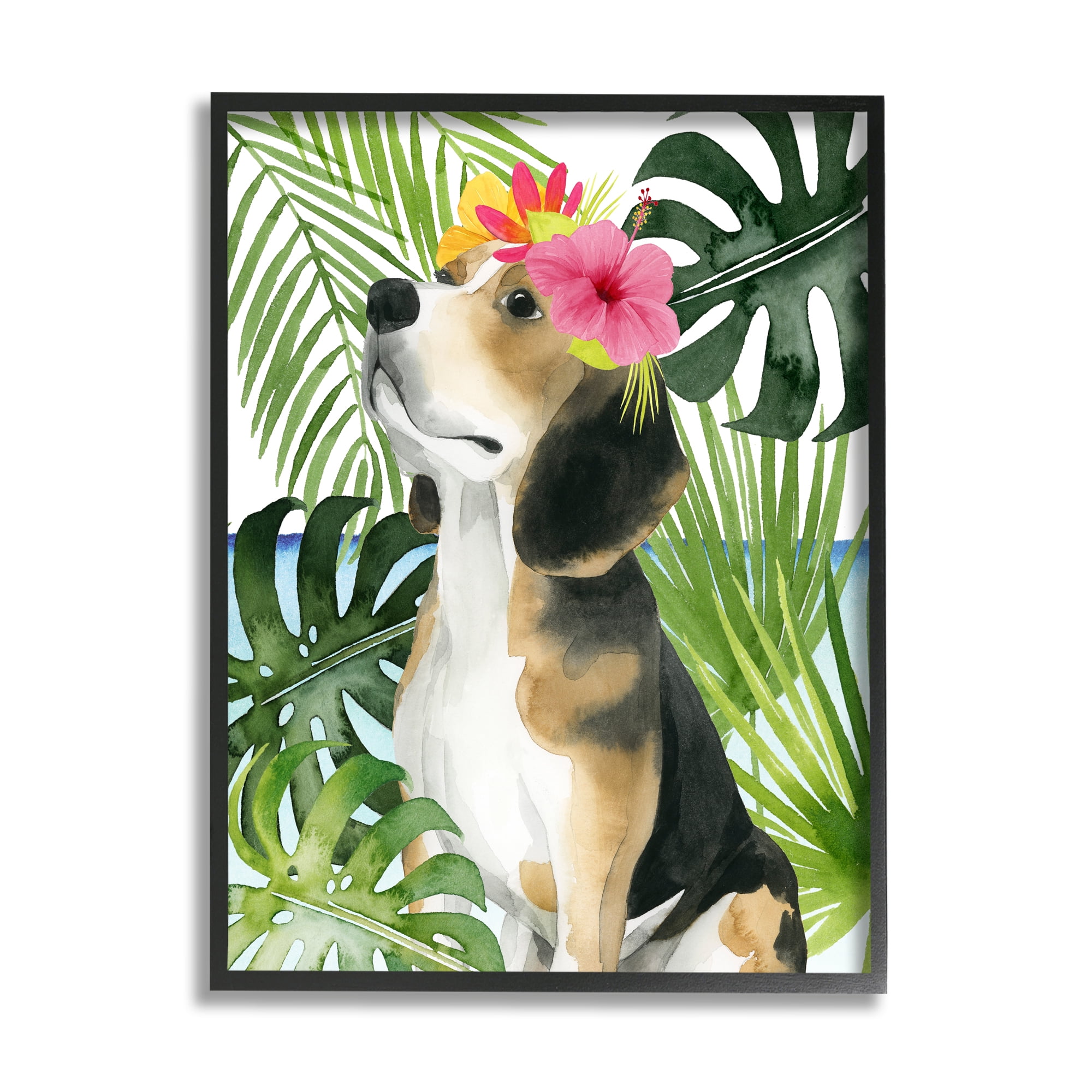 Stupell Industries Puppy with Hibiscus Animals & Insects Painting Black Framed Art Print Wall Art, 24 x 30