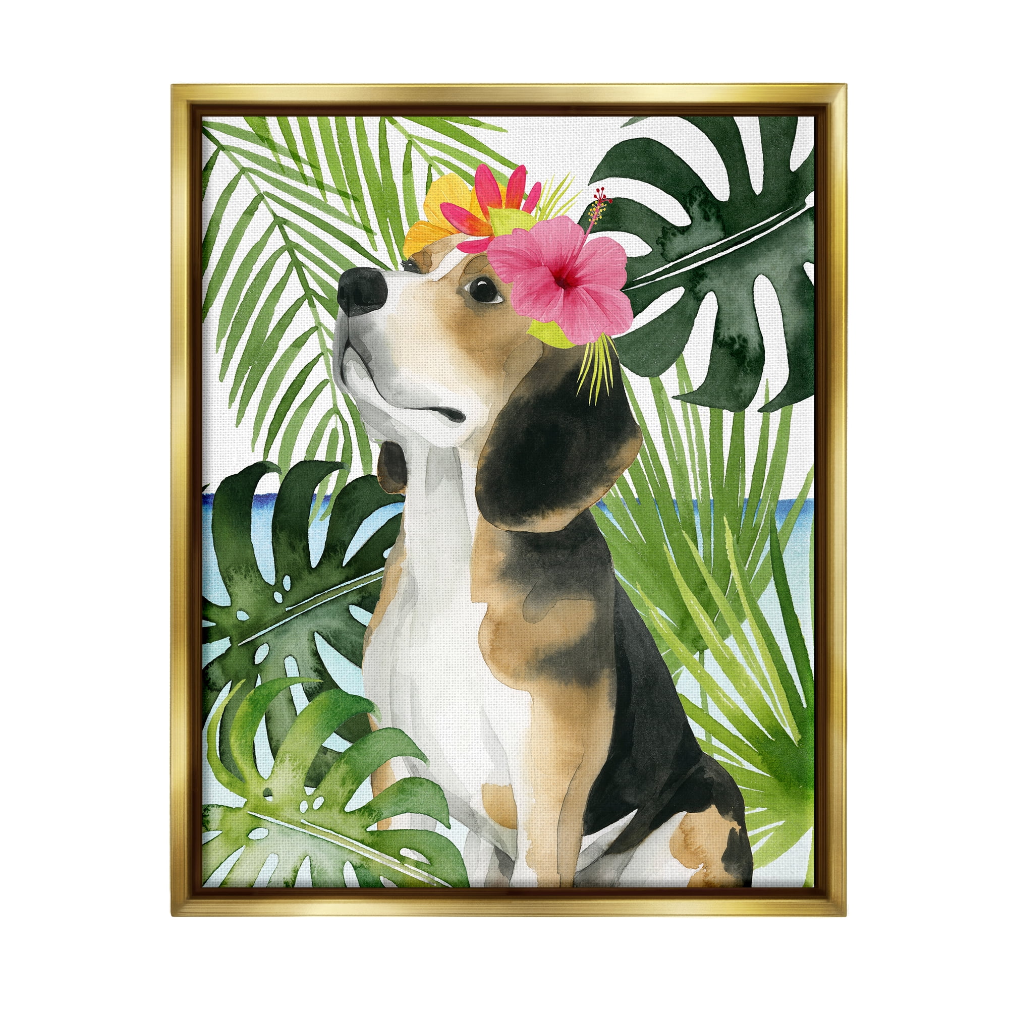 Stupell Industries Puppy with Hibiscus Animals & Insects Painting Gold Floater Framed Canvas Art Print Wall Art, 17 x 21