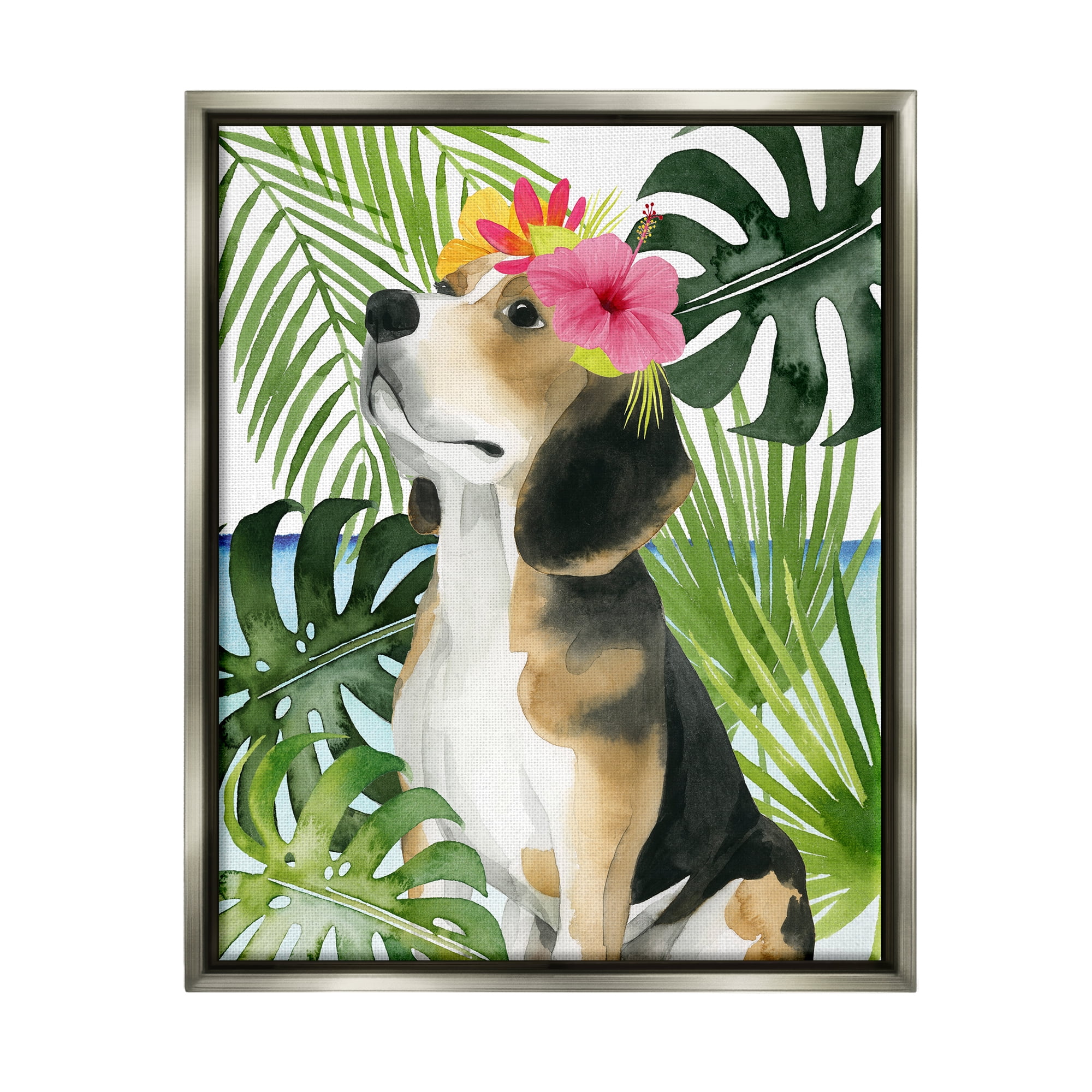 Stupell Industries Puppy with Hibiscus Animals & Insects Painting Gray Floater Framed Canvas Art Print Wall Art, 25 x 31